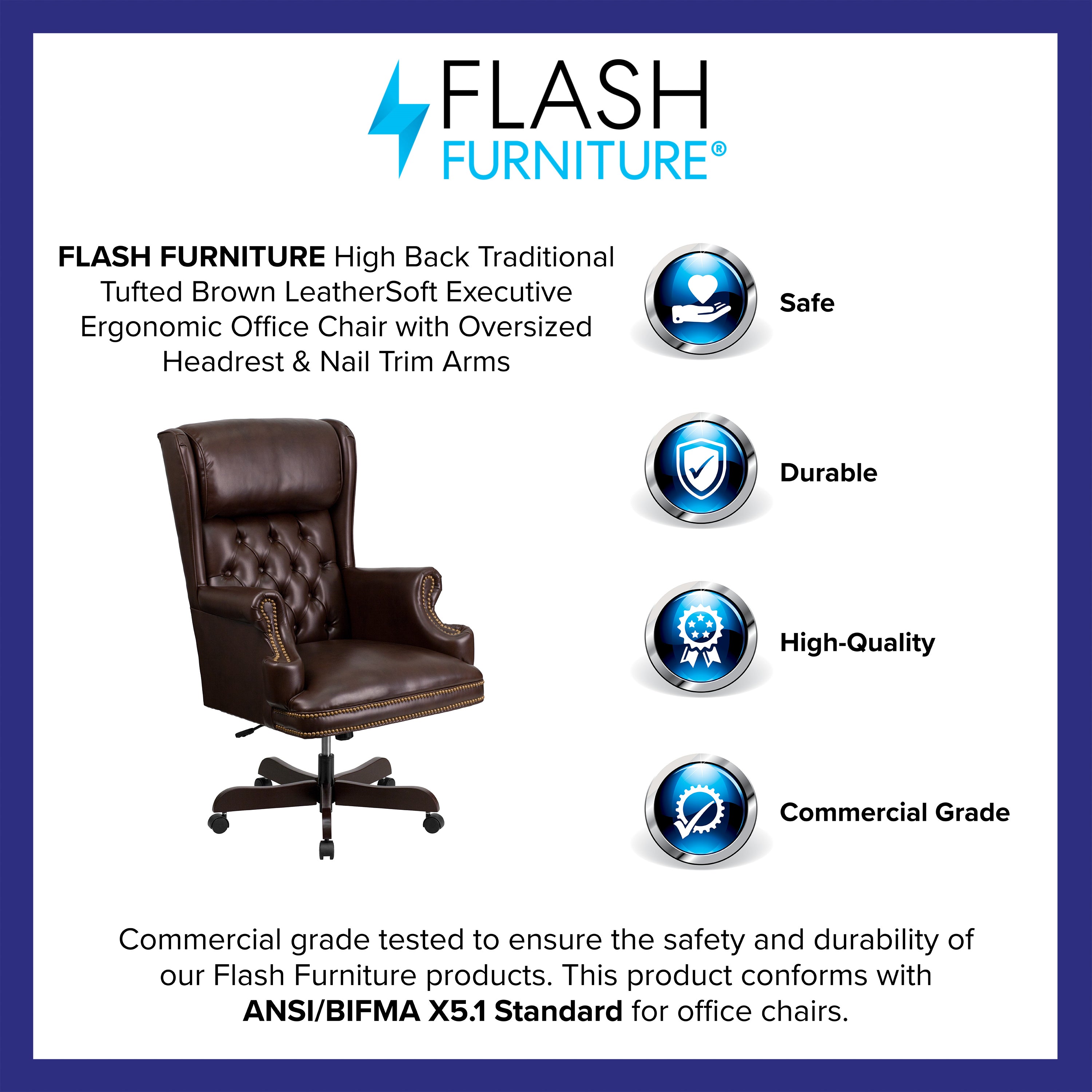 Ainslie High Back Traditional Tufted Brown LeatherSoft Executive Ergonomic Office Chair with Oversized Headrest & Nail Trim Arms