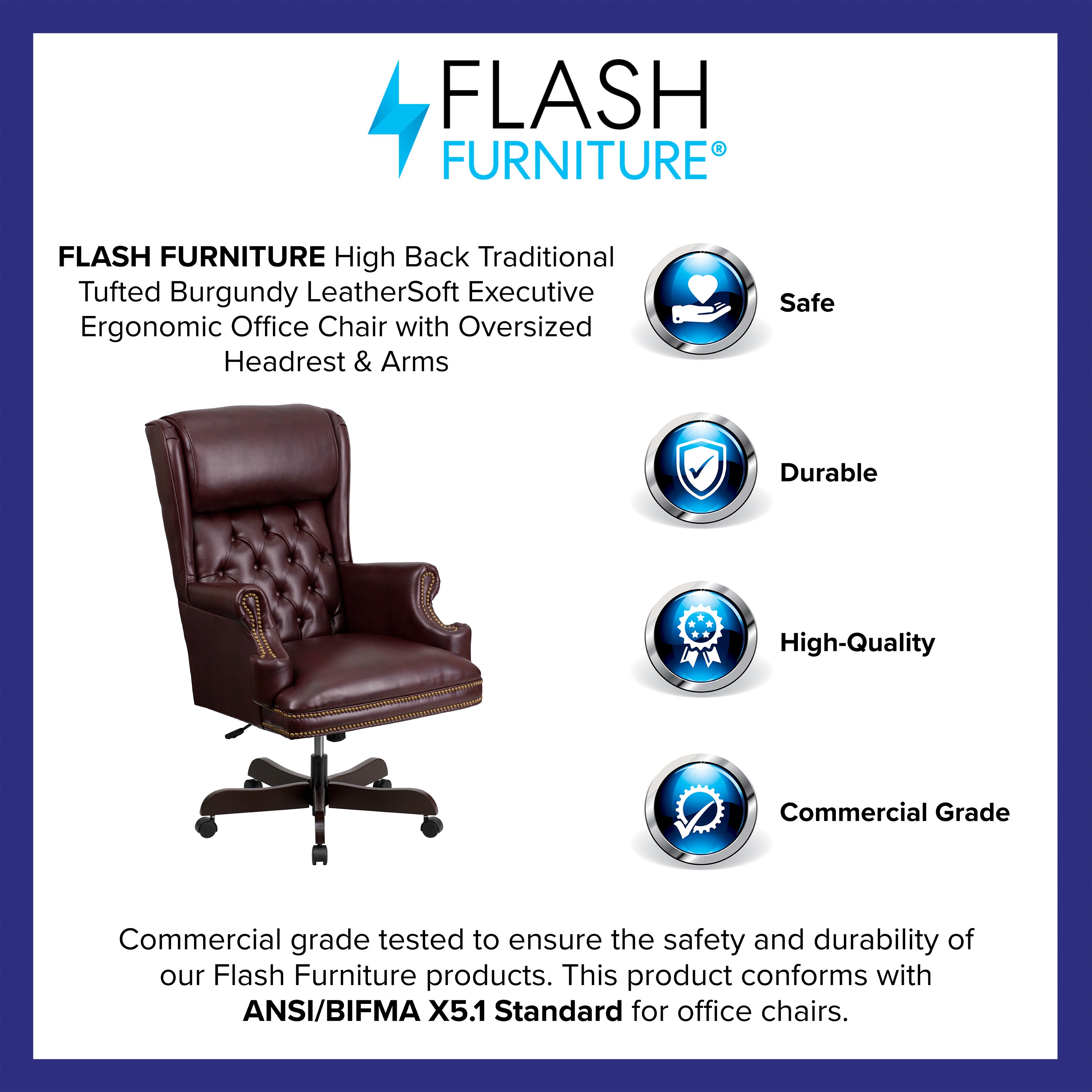 Ainslie High Back Traditional Tufted Burgundy LeatherSoft Executive Ergonomic Office Chair with Oversized Headrest & Arms
