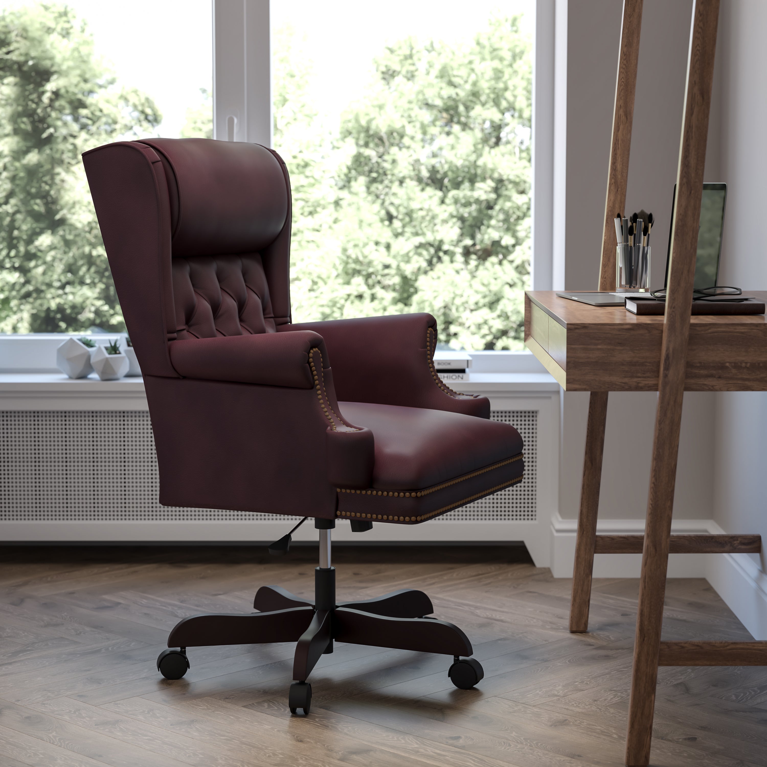 Ainslie High Back Traditional Tufted Burgundy LeatherSoft Executive Ergonomic Office Chair with Oversized Headrest & Arms