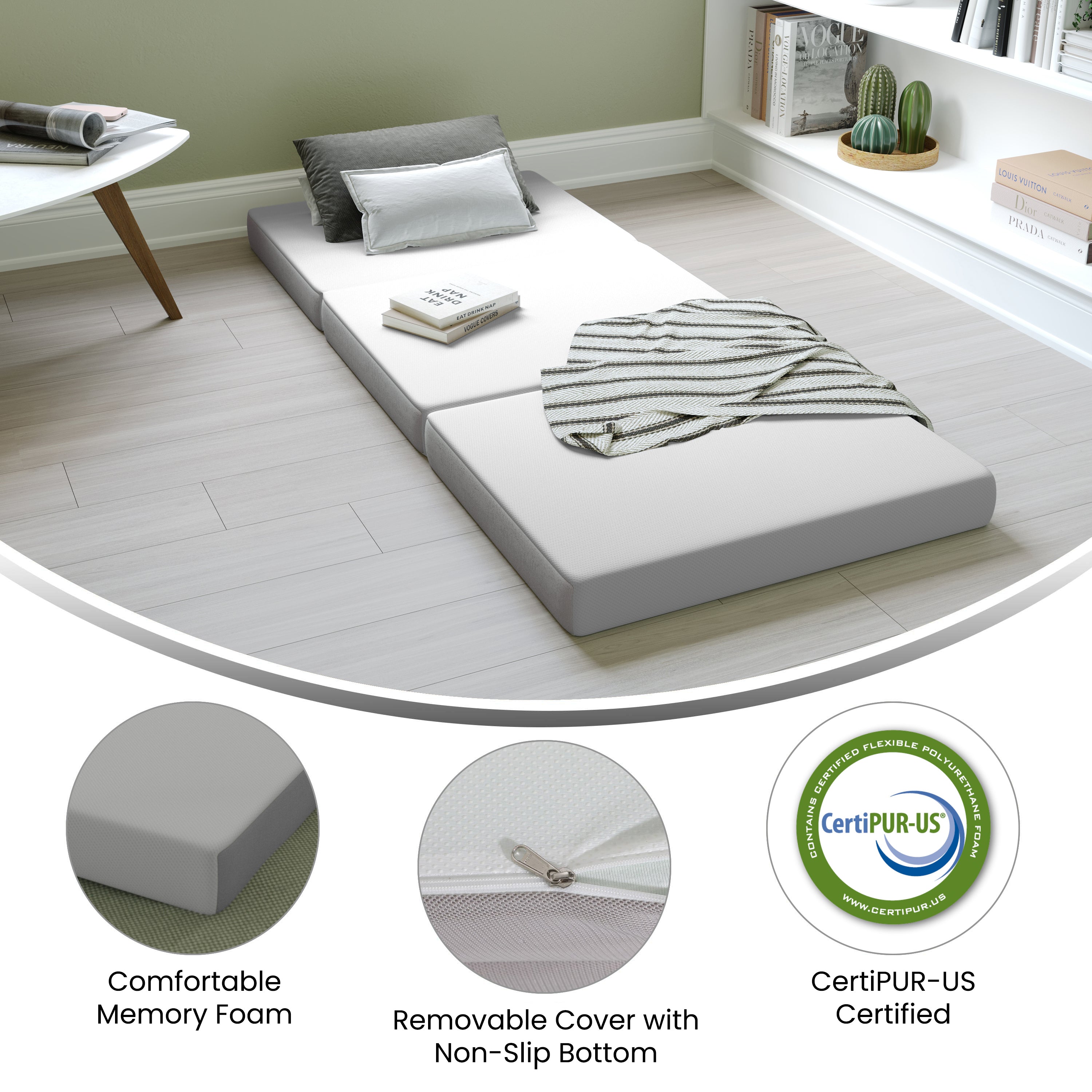 Cloud Portable Tri-Fold 4" Cooling Memory Foam Cot Mattress in a Box with Removable Washable Cover