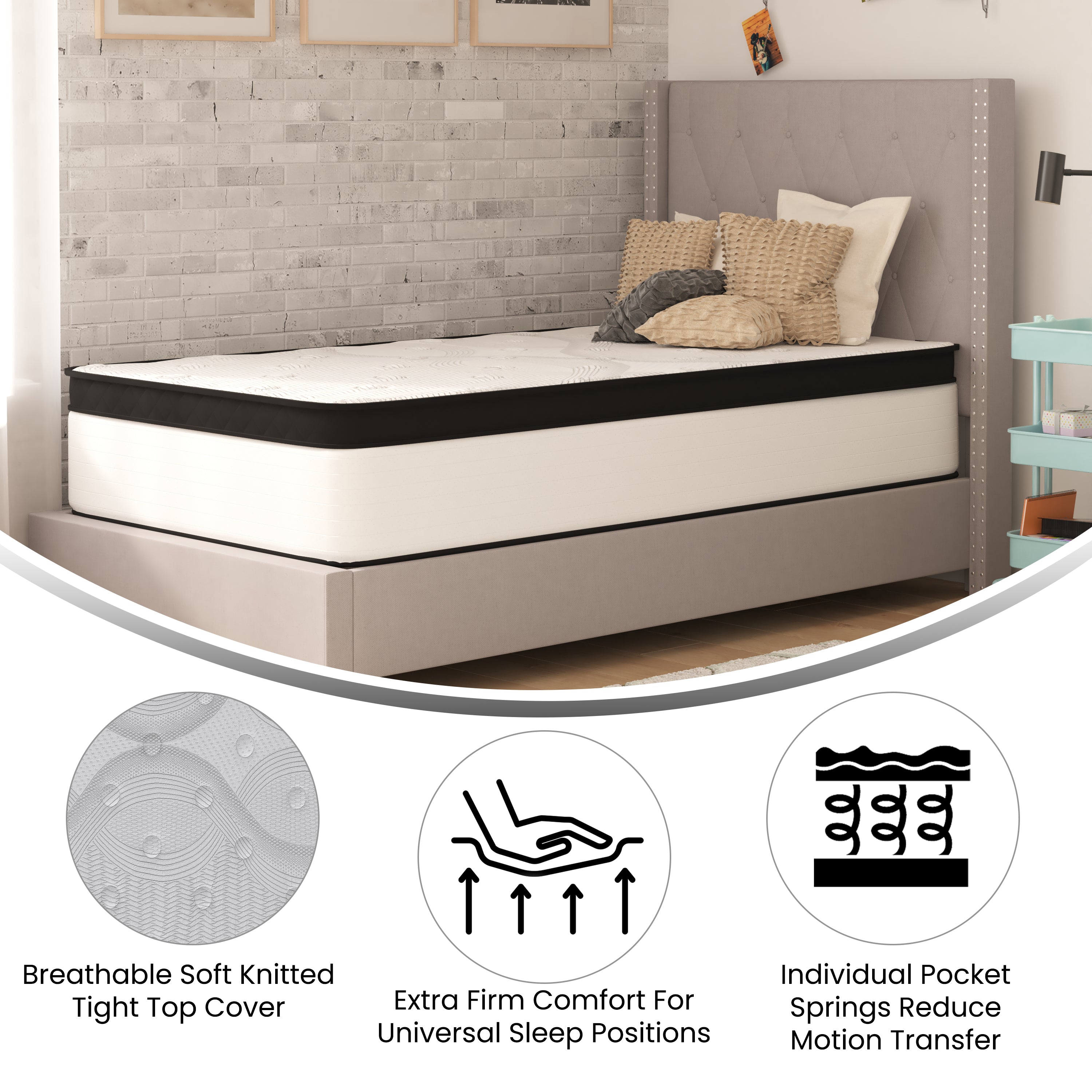 Capri Comfortable Sleep Firm 12 Inch CertiPUR-US Certified Hybrid Pocket Spring Mattress, Extra Firm Feel, Durable Support, Twin Mattress in a Box