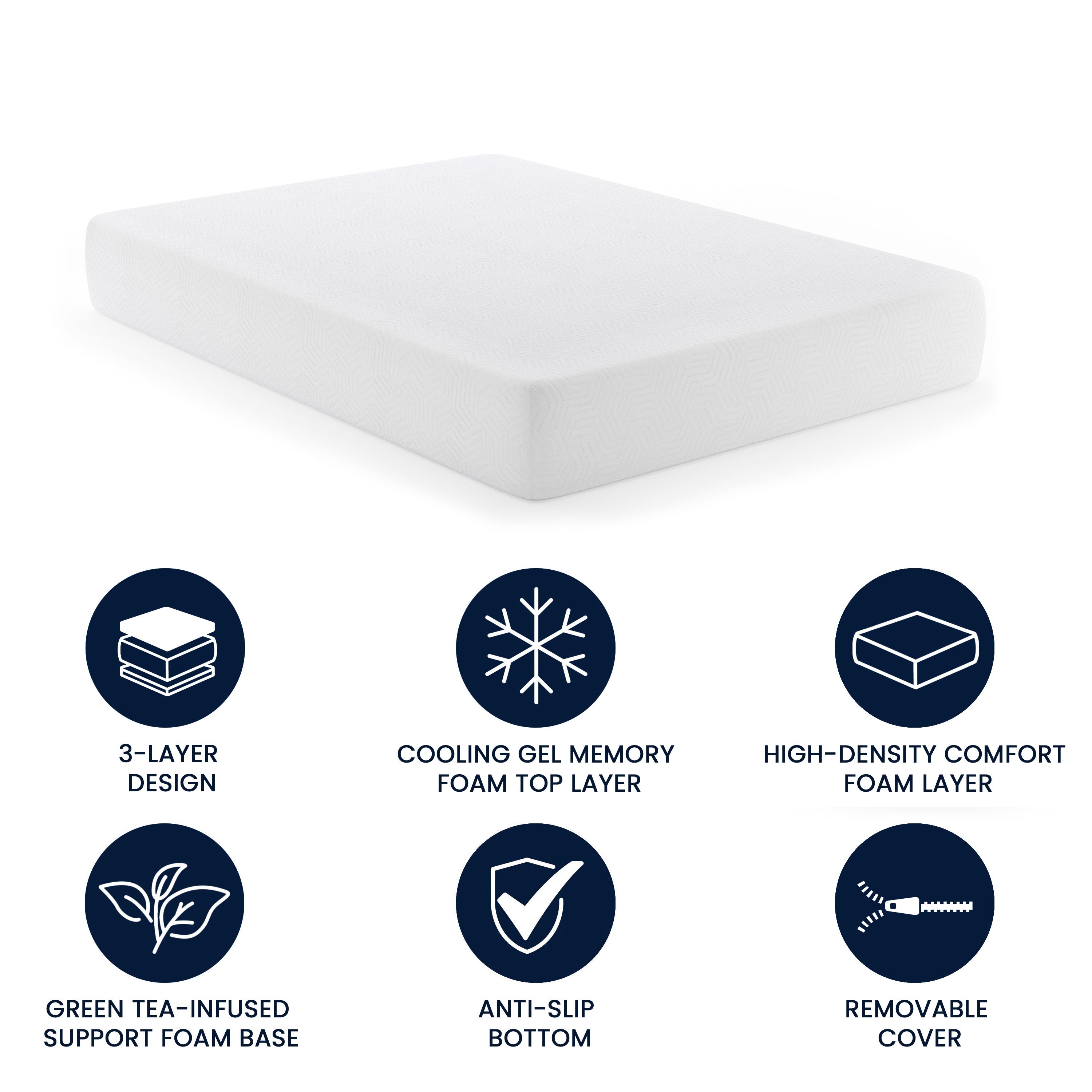 Cloud Green Tea Cooling Gel 3-Layer Memory Foam 10" Full Mattress in a Box with CertiPUR-US Certification, Washable Cover, and Pressure Relief