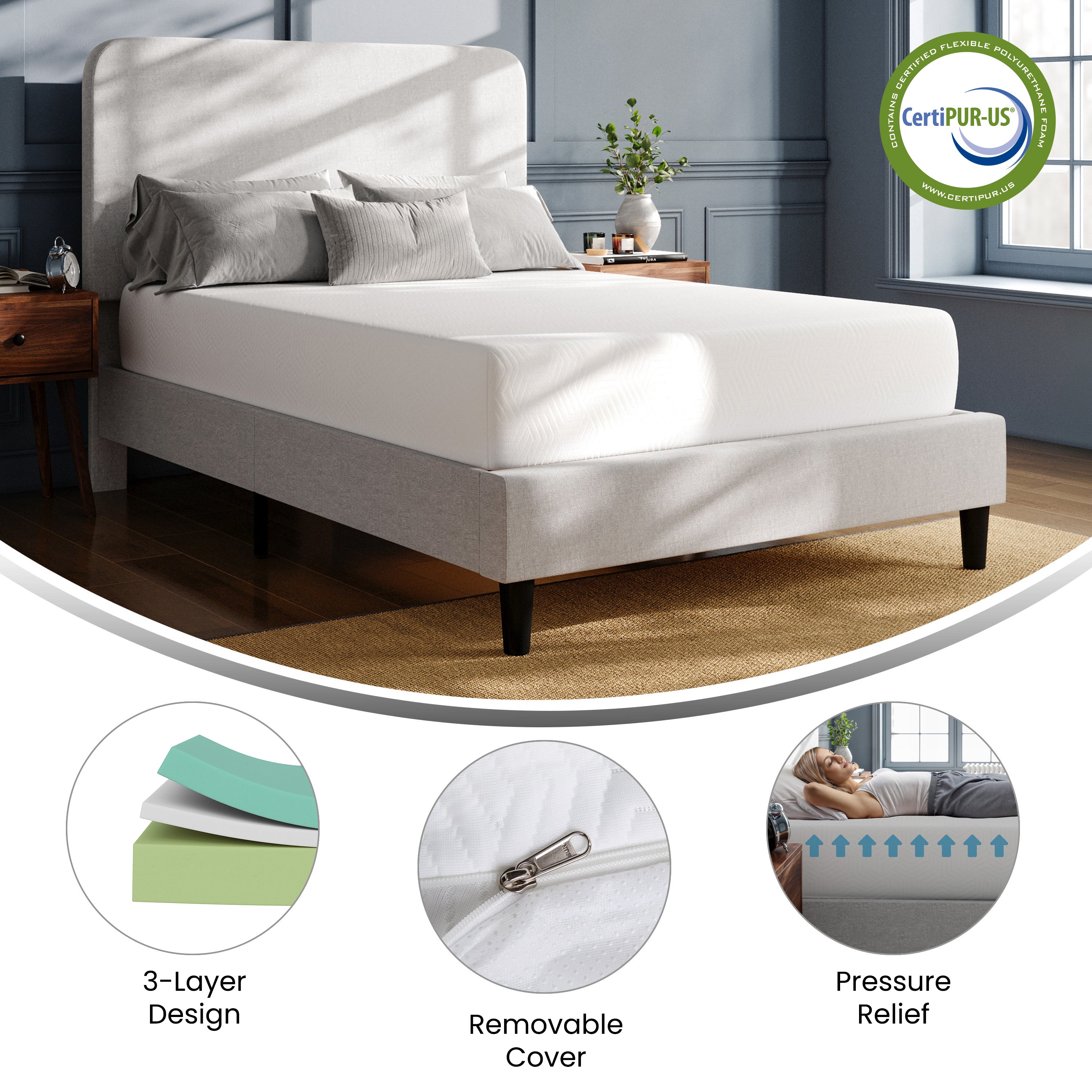 Cloud Green Tea Cooling Gel 3-Layer Memory Foam 10" Full Mattress in a Box with CertiPUR-US Certification, Washable Cover, and Pressure Relief