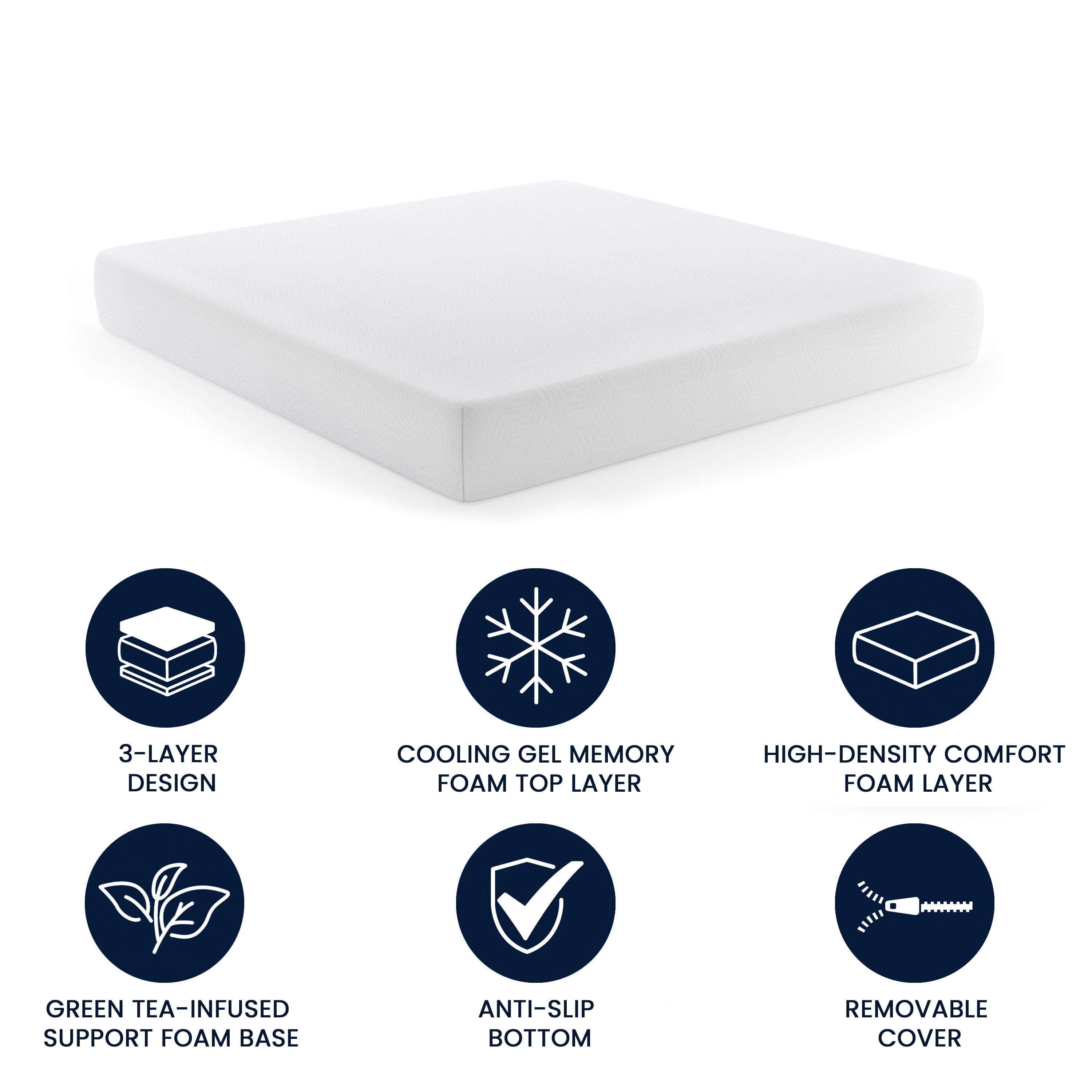 Cloud Green Tea Cooling Gel 3-Layer Memory Foam 10" King Mattress in a Box with CertiPUR-US Certification, Washable Cover, and Pressure Relief