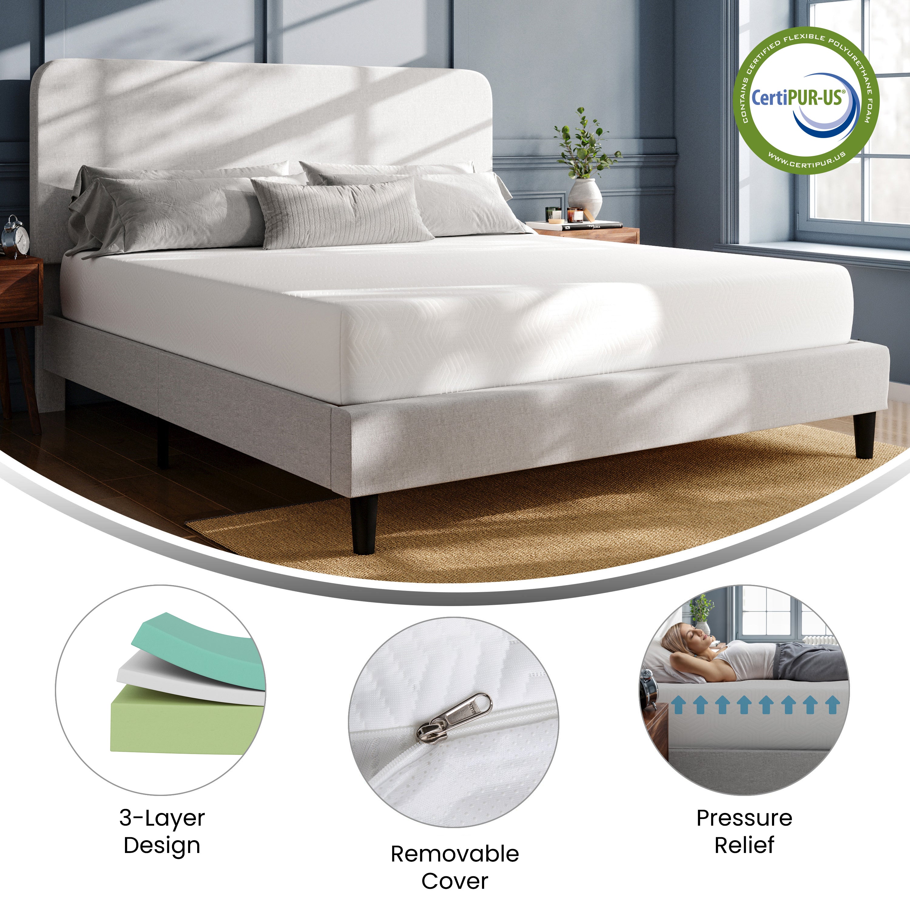 Cloud Green Tea Cooling Gel 3-Layer Memory Foam 10" King Mattress in a Box with CertiPUR-US Certification, Washable Cover, and Pressure Relief