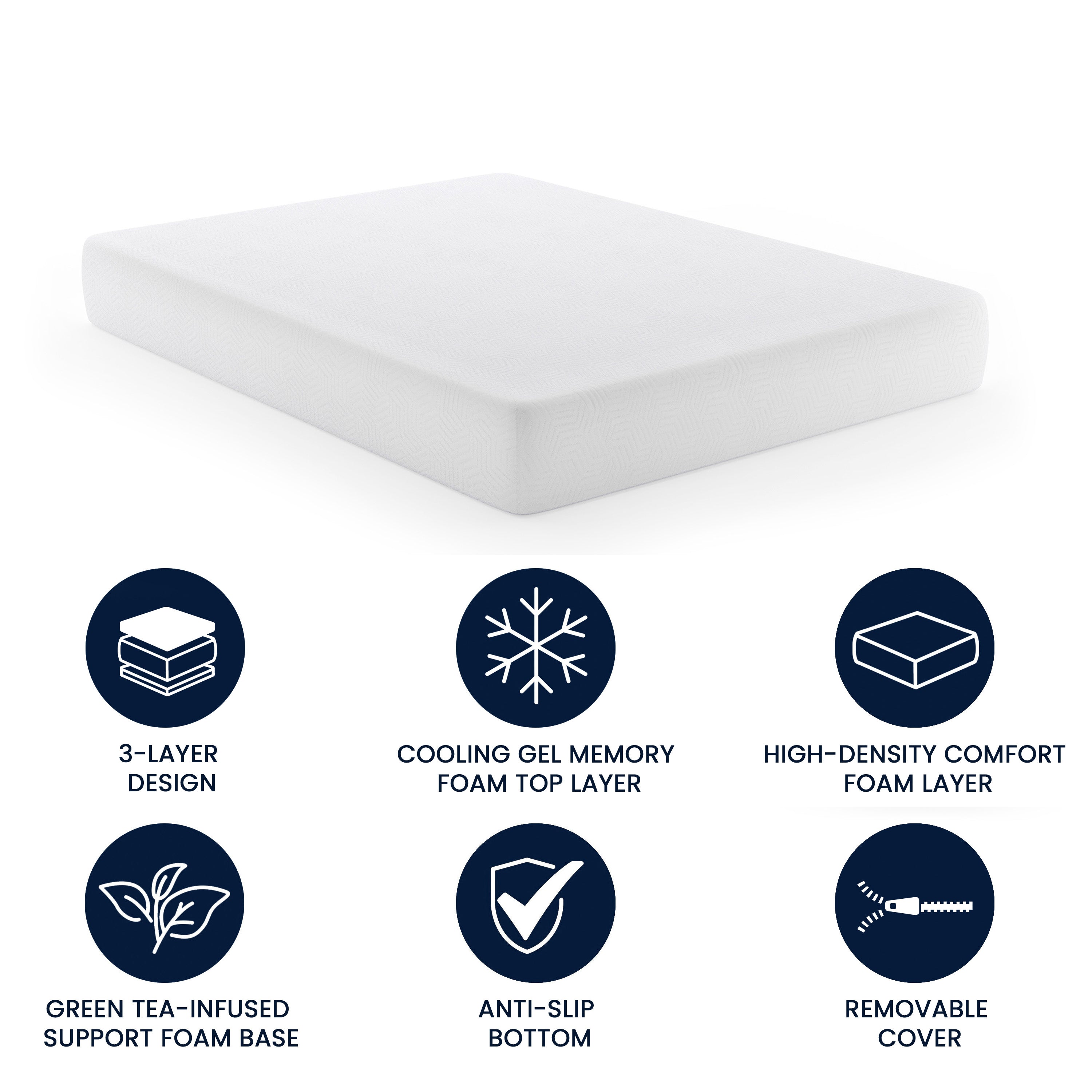 Cloud Green Tea Cooling Gel 3-Layer Memory Foam 10" Queen Mattress in a Box with CertiPUR-US Certification, Washable Cover, and Pressure Relief
