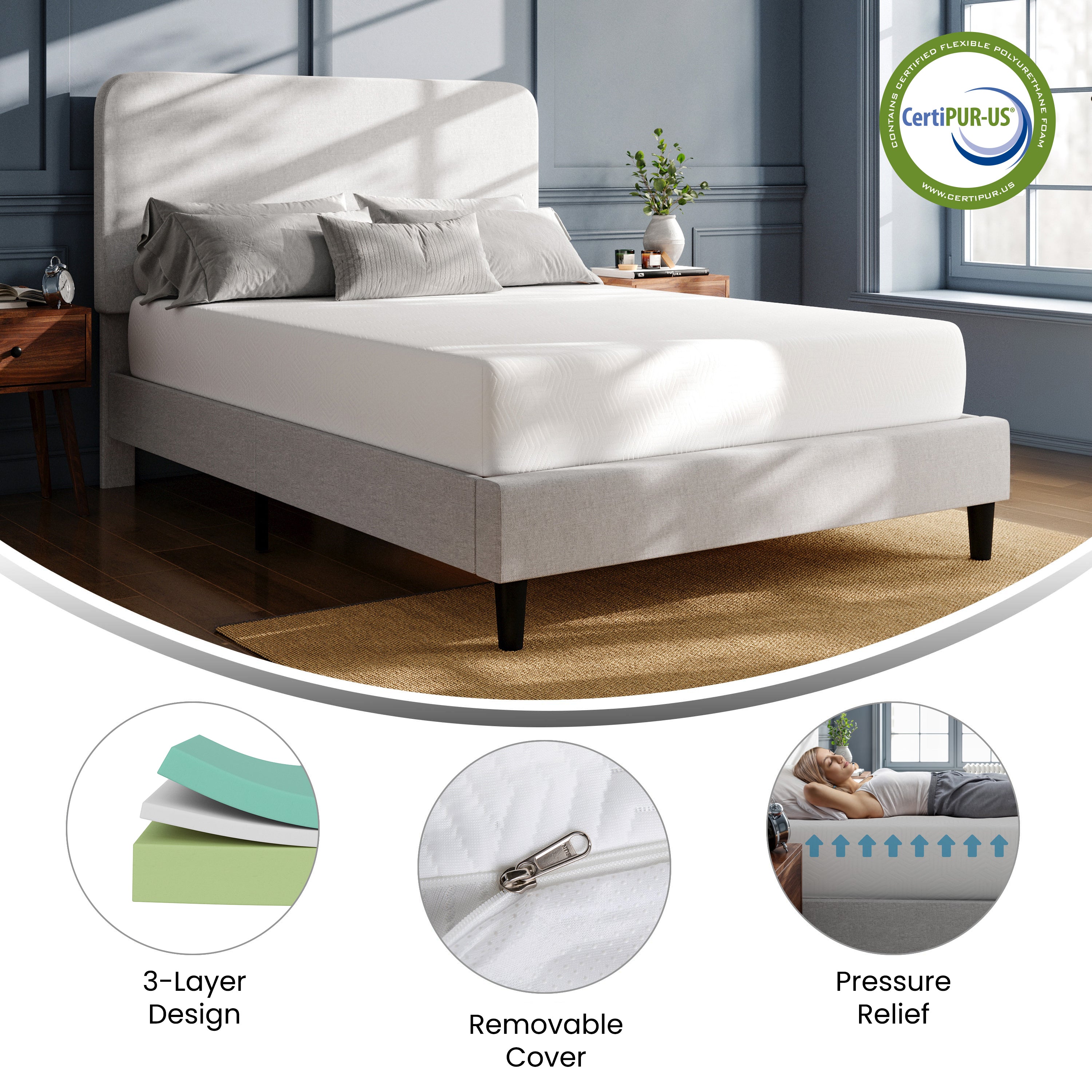 Cloud Green Tea Cooling Gel 3-Layer Memory Foam 10" Queen Mattress in a Box with CertiPUR-US Certification, Washable Cover, and Pressure Relief