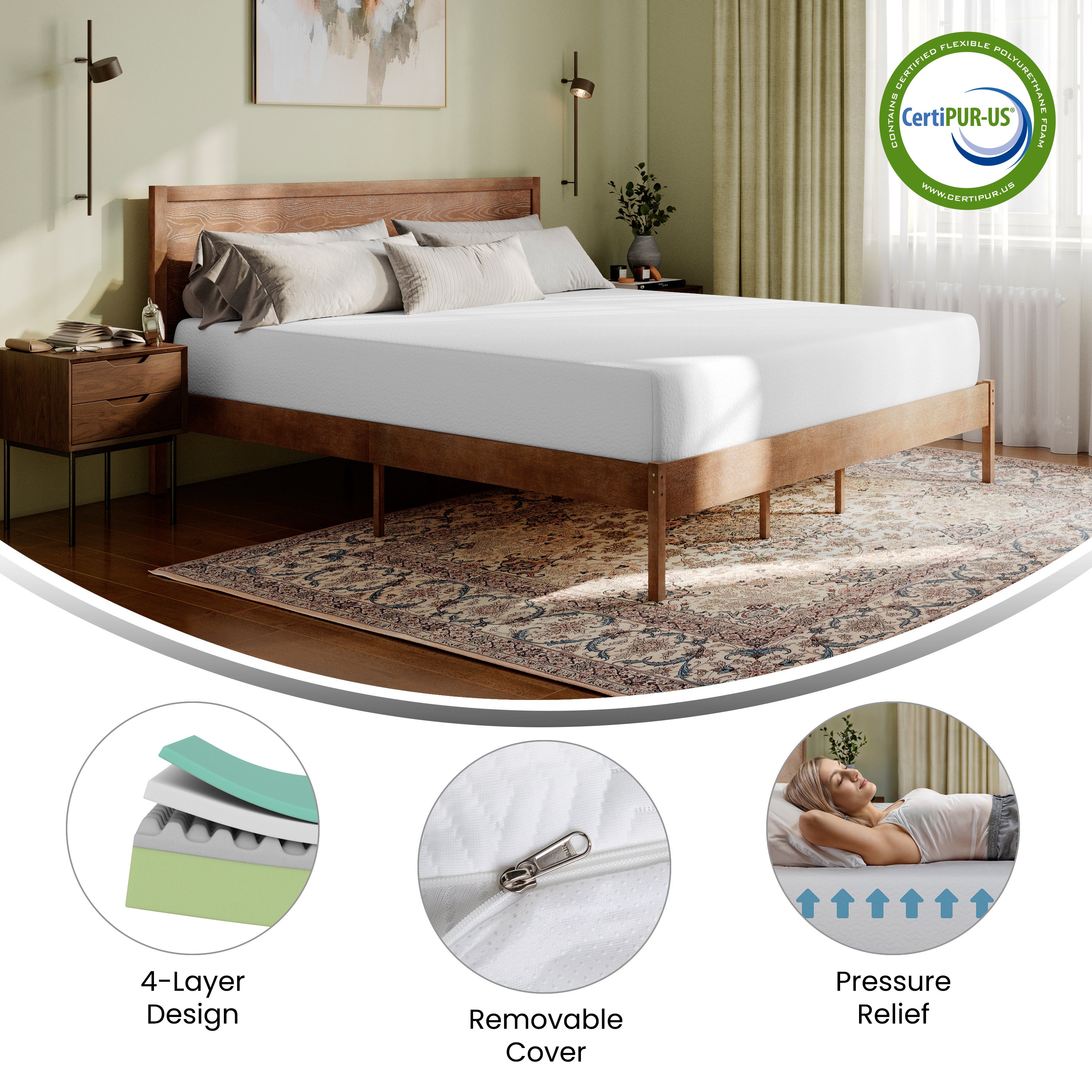 Cloud Green Tea Cooling Gel 4-Layer Memory Foam 10" King Mattress in a Box with CertiPUR-US Certification, Washable Cover, and Pressure Relief