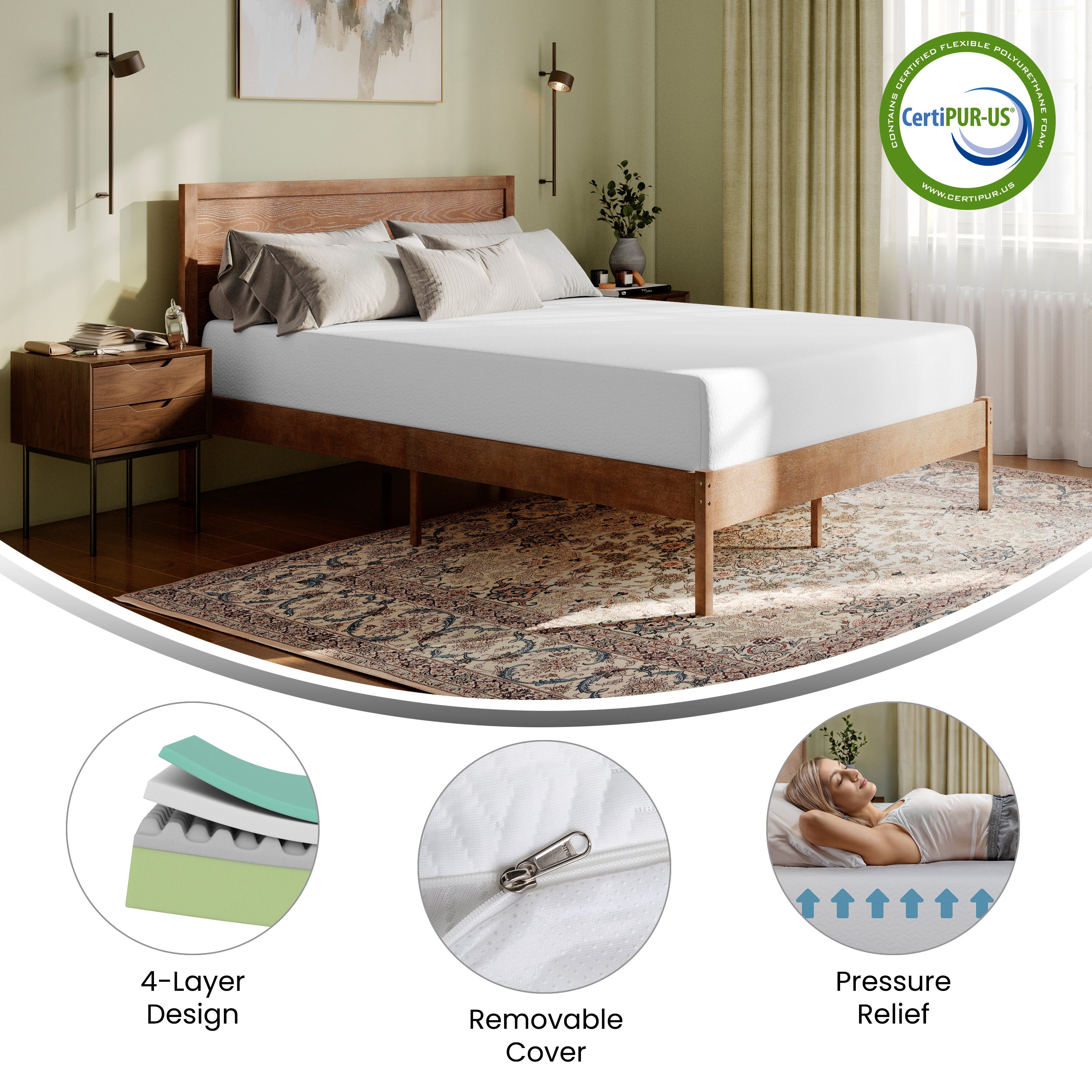 Cloud Green Tea Cooling Gel 4-Layer Memory Foam 10" Queen Mattress in a Box with CertiPUR-US Certification, Washable Cover, and Pressure Relief