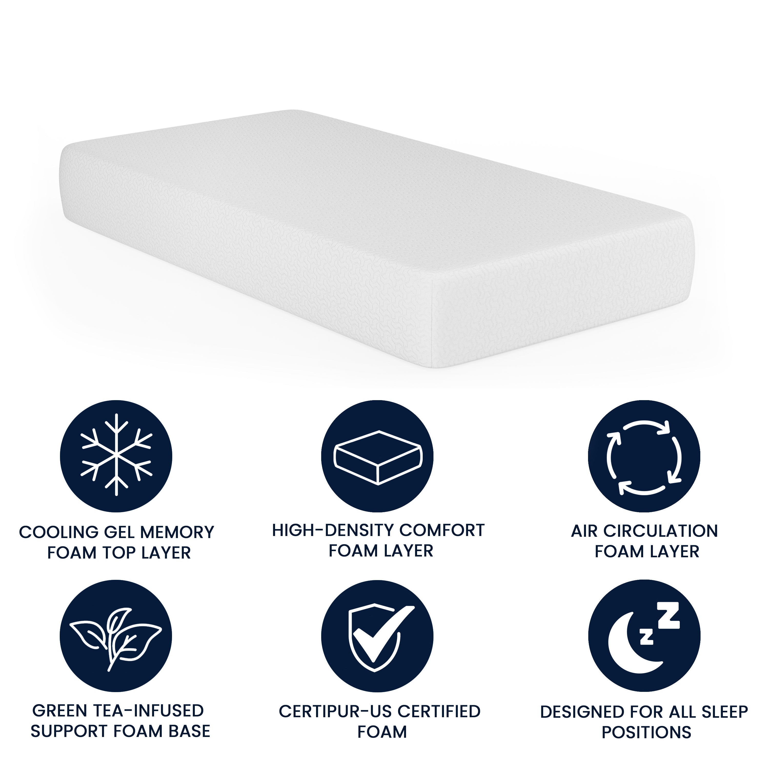 Cloud Green Tea Cooling Gel 4-Layer Memory Foam 10" Twin Mattress in a Box with CertiPUR-US Certification, Washable Cover, and Pressure Relief