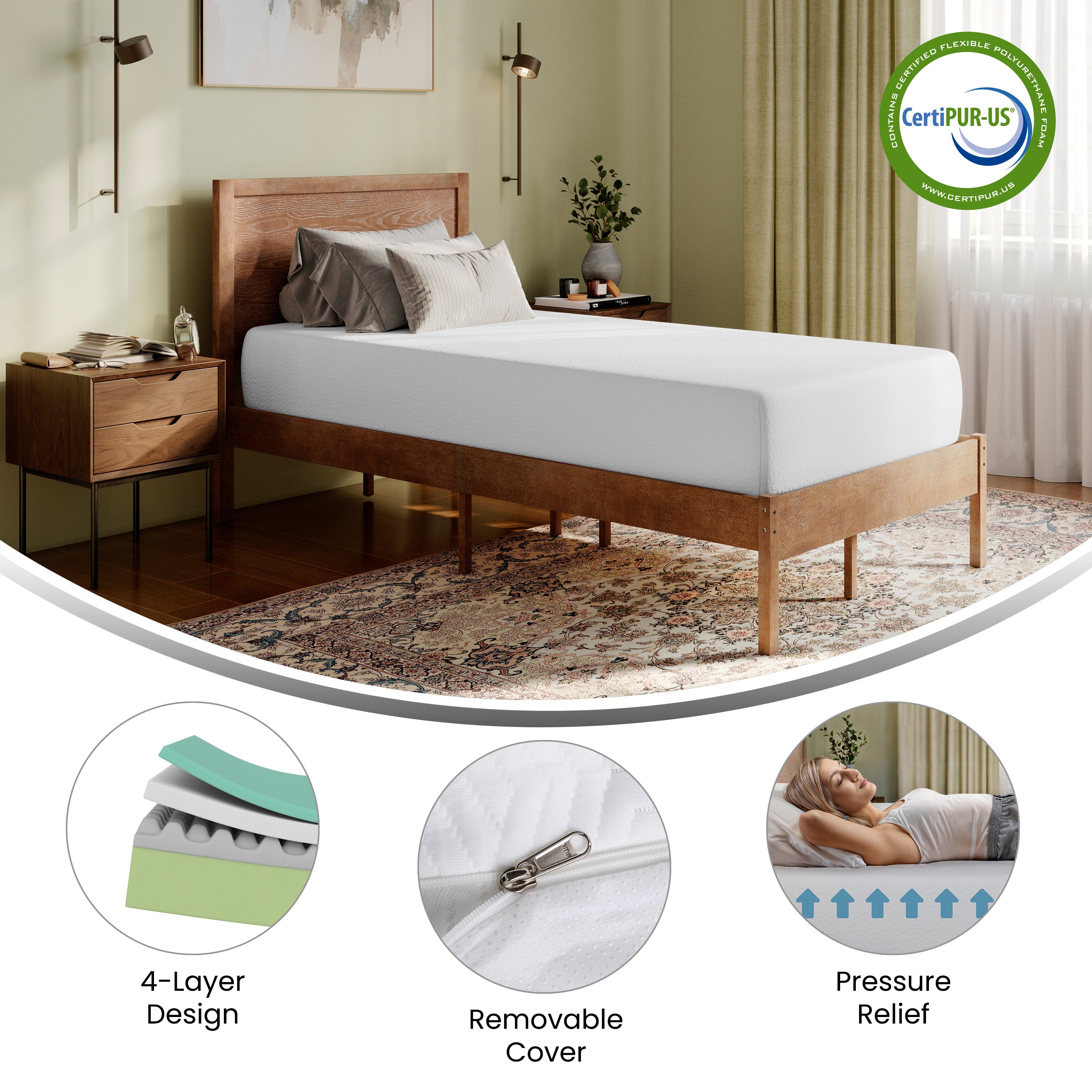Cloud Green Tea Cooling Gel 4-Layer Memory Foam 10" Twin Mattress in a Box with CertiPUR-US Certification, Washable Cover, and Pressure Relief