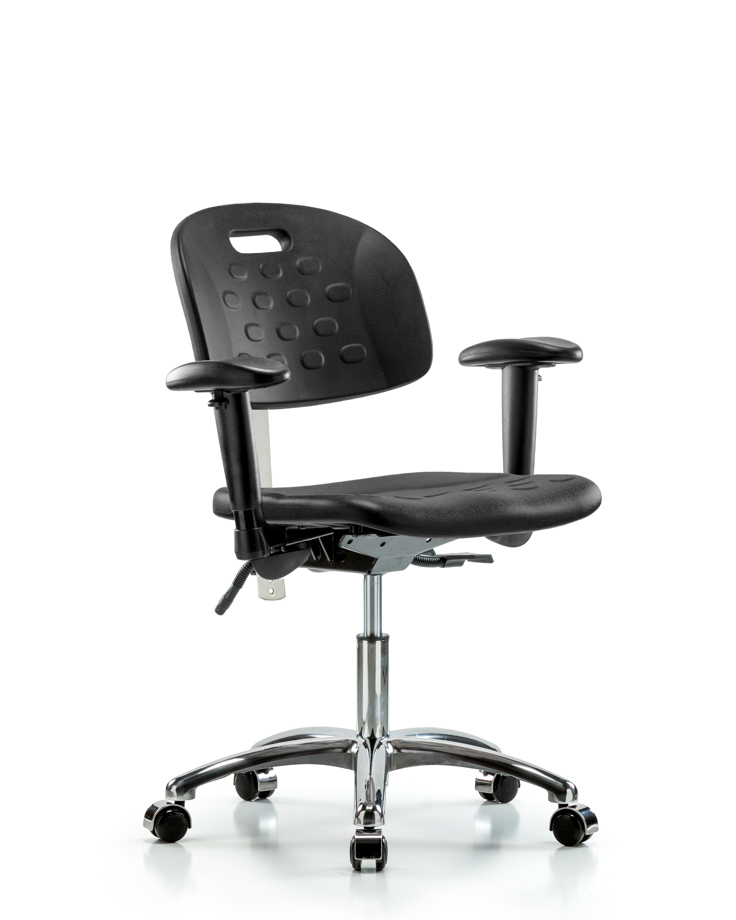 Class 100 Newport Industrial Polyurethane Clean Room Chair - Desk Height with Seat Tilt, Adjustable Arms, & Casters in Black Polyurethane