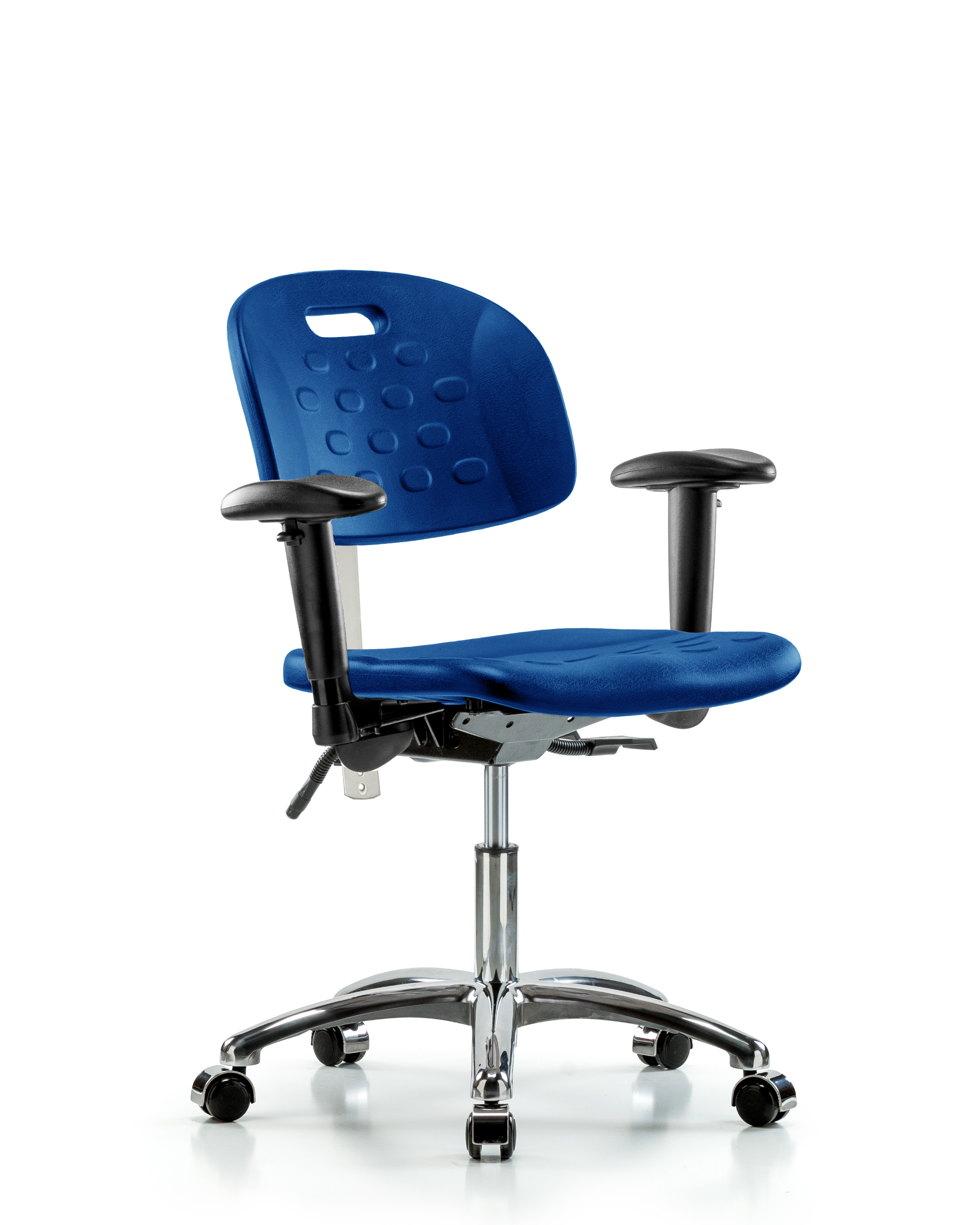 Class 100 Newport Industrial Polyurethane Clean Room Chair - Desk Height with Seat Tilt, Adjustable Arms, & Casters in Blue Polyurethane
