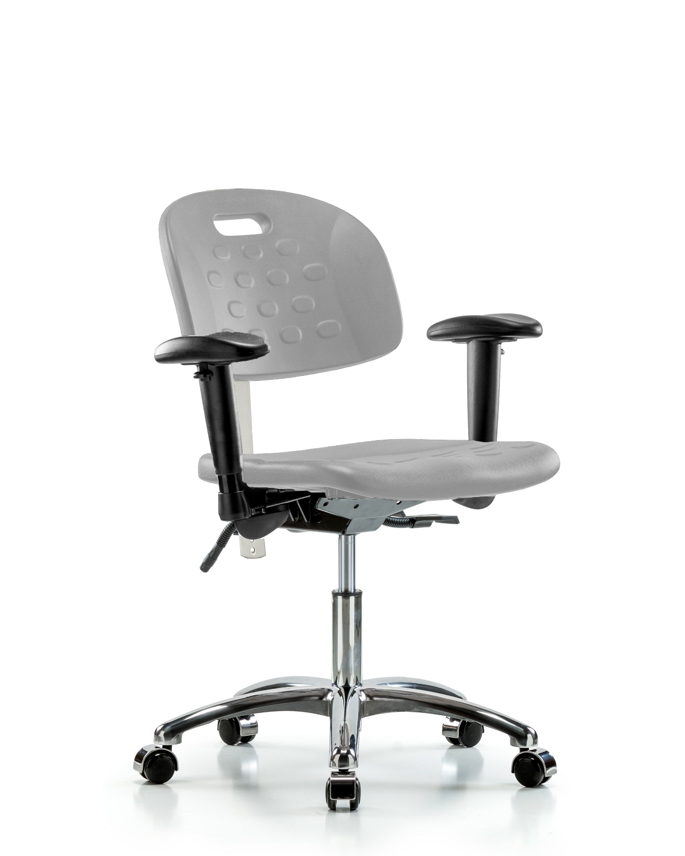 Class 100 Newport Industrial Polyurethane Clean Room Chair - Desk Height with Seat Tilt, Adjustable Arms, & Casters in Gray Polyurethane
