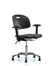 Class 100 Newport Industrial Polyurethane Clean Room Chair - Desk Height with Seat Tilt, Adjustable Arms, & Stationary Glides in Black Polyurethane