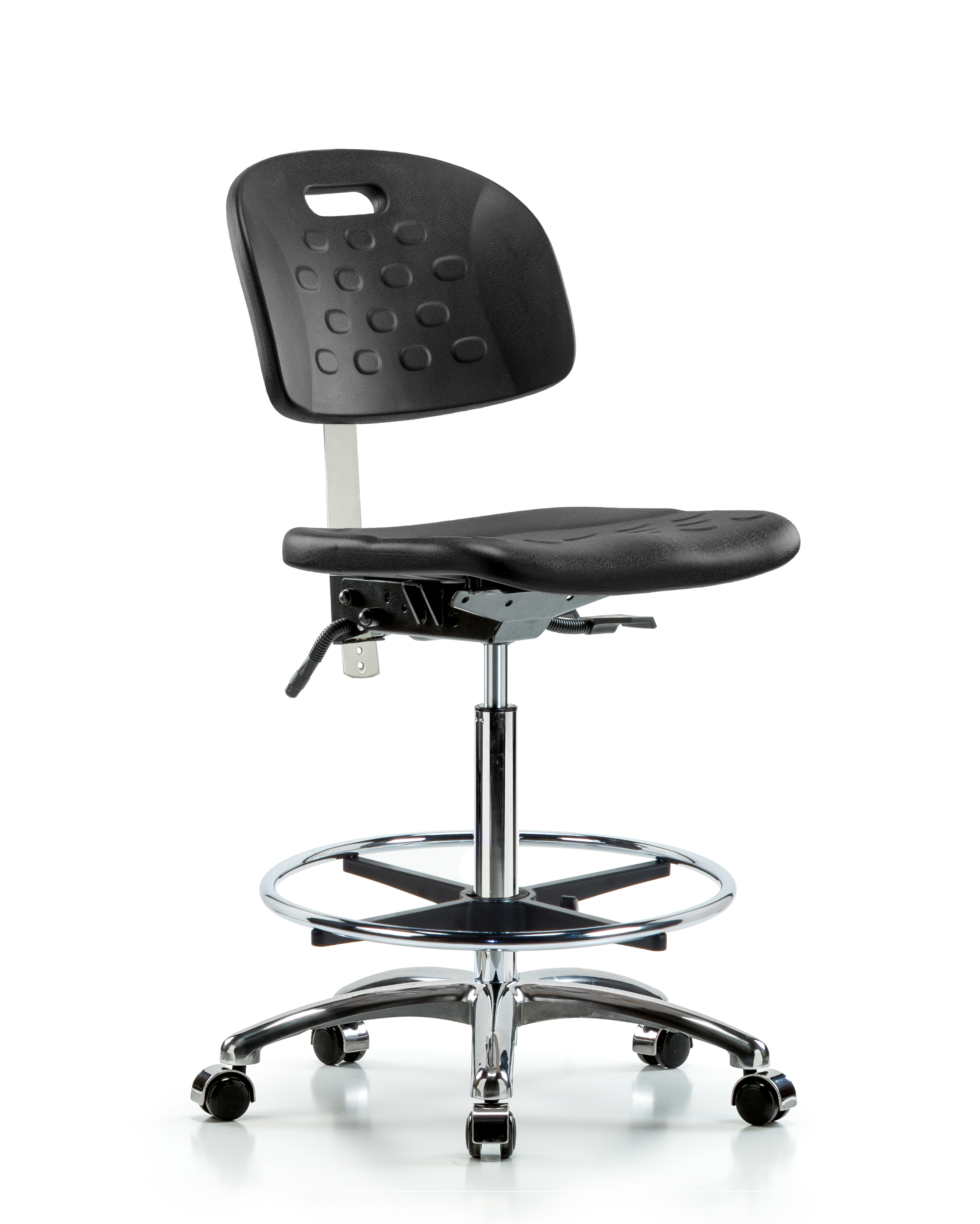Class 10 Newport Industrial Polyurethane Clean Room Chair - High Bench Height with Chrome Foot Ring & Casters in Black Polyurethane
