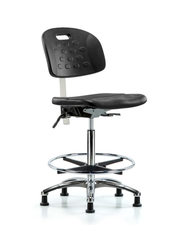 Class 10 Newport Industrial Polyurethane Clean Room Chair - High Bench Height with Chrome Foot Ring & Stationary Glides in Black Polyurethane