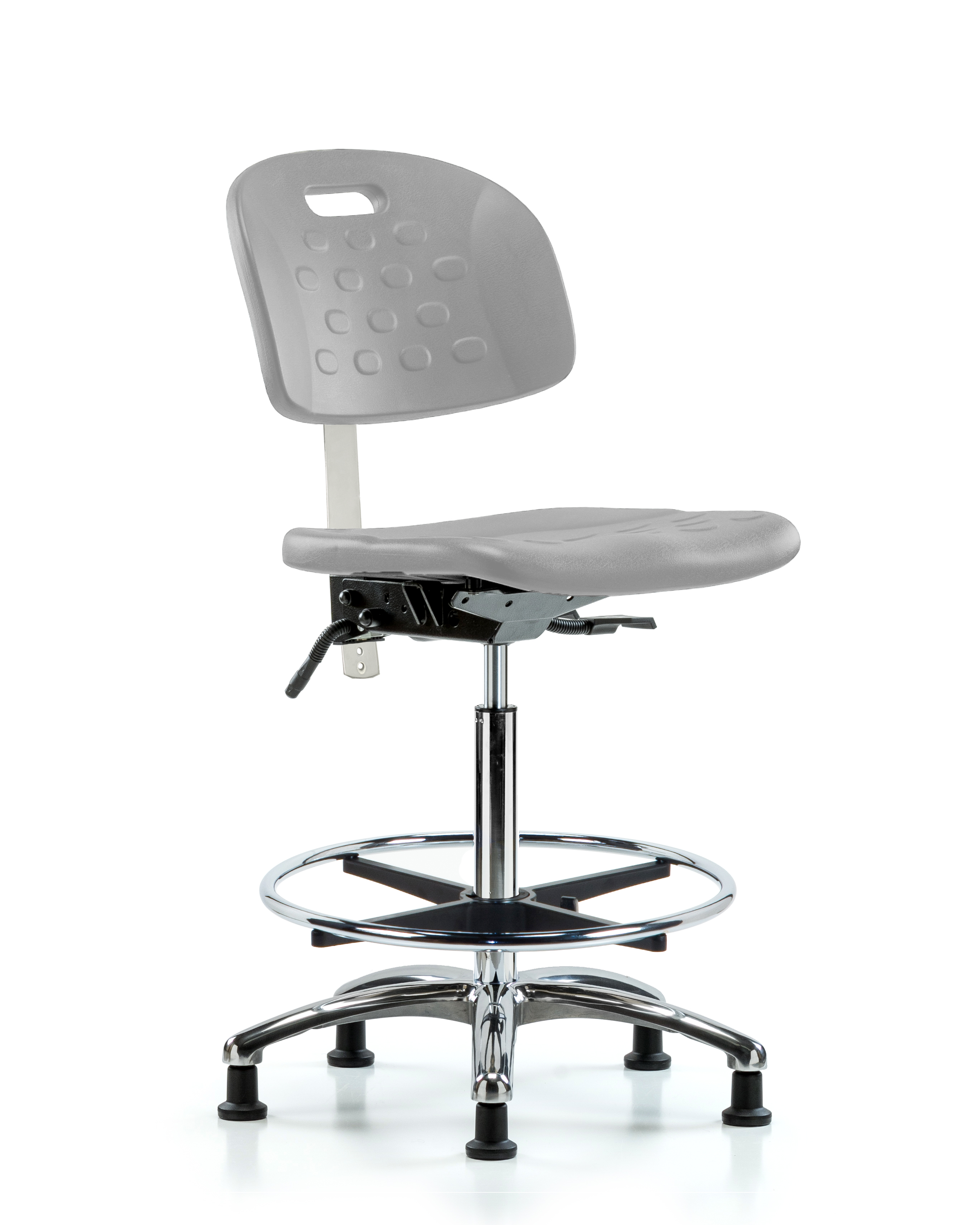 Class 10 Newport Industrial Polyurethane Clean Room Chair - High Bench Height with Chrome Foot Ring & Stationary Glides in Gray Polyurethane