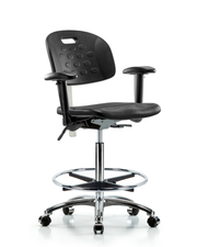 Class 100 Newport Industrial Polyurethane Clean Room Chair - High Bench Height with Adjustable Arms, Chrome Foot Ring, & Casters in Black Polyurethane