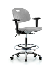 Class 100 Newport Industrial Polyurethane Clean Room Chair - High Bench Height with Adjustable Arms, Chrome Foot Ring, & Casters in Gray Polyurethane