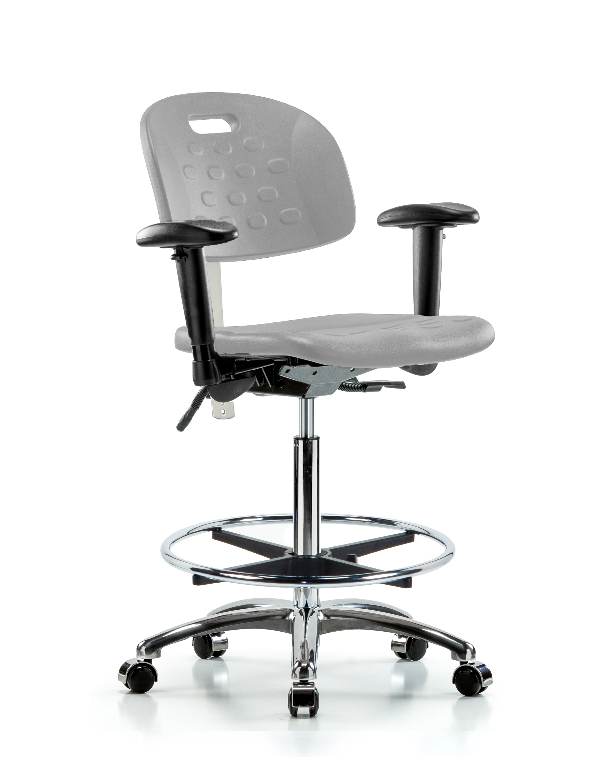 Class 100 Newport Industrial Polyurethane Clean Room Chair - High Bench Height with Adjustable Arms, Chrome Foot Ring, & Casters in Gray Polyurethane