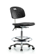 Class 100 Newport Industrial Polyurethane Clean Room Chair - High Bench Height with Seat Tilt, Chrome Foot Ring, & Casters in Black Polyurethane