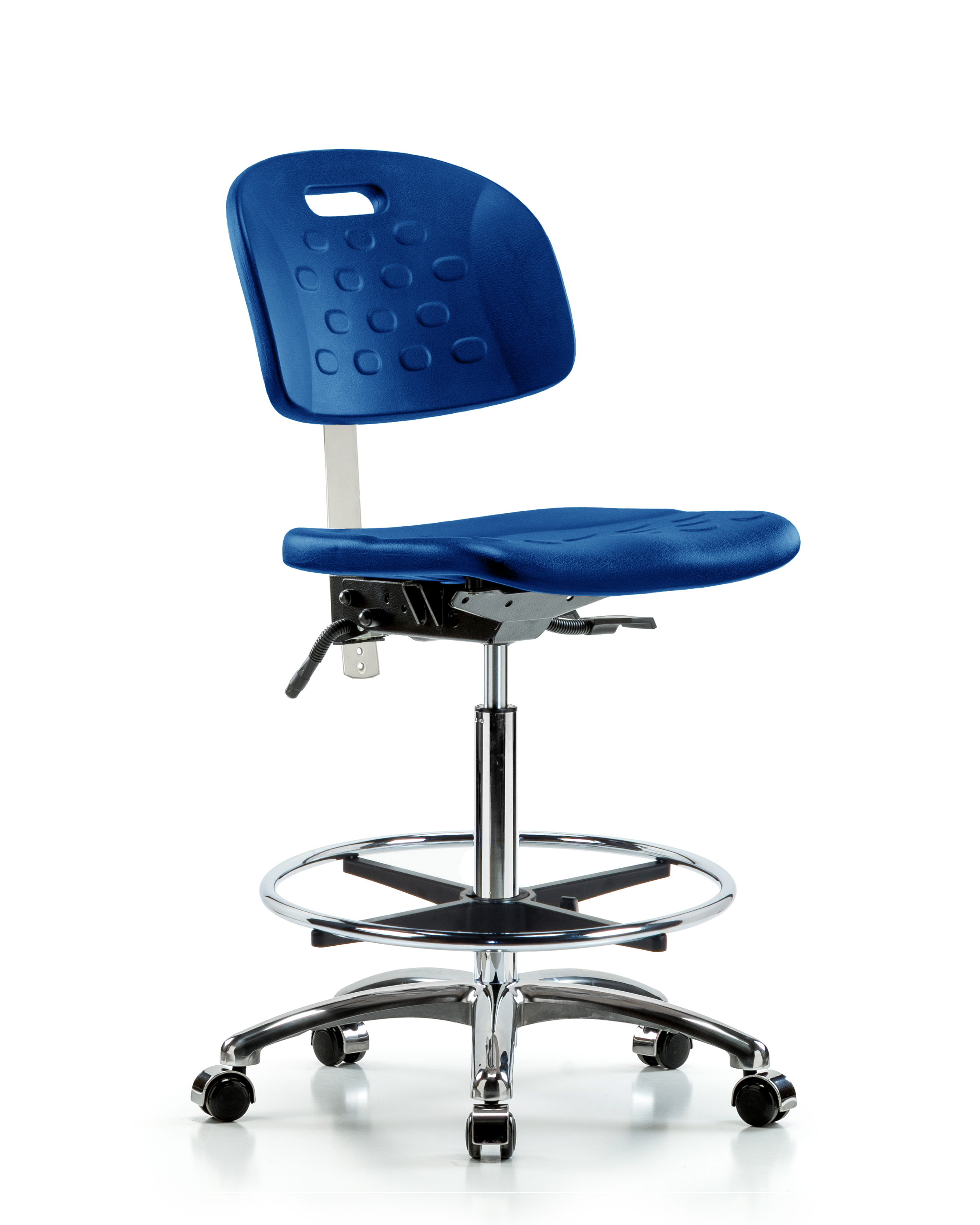 Class 100 Newport Industrial Polyurethane Clean Room Chair - High Bench Height with Seat Tilt, Chrome Foot Ring, & Casters in Blue Polyurethane