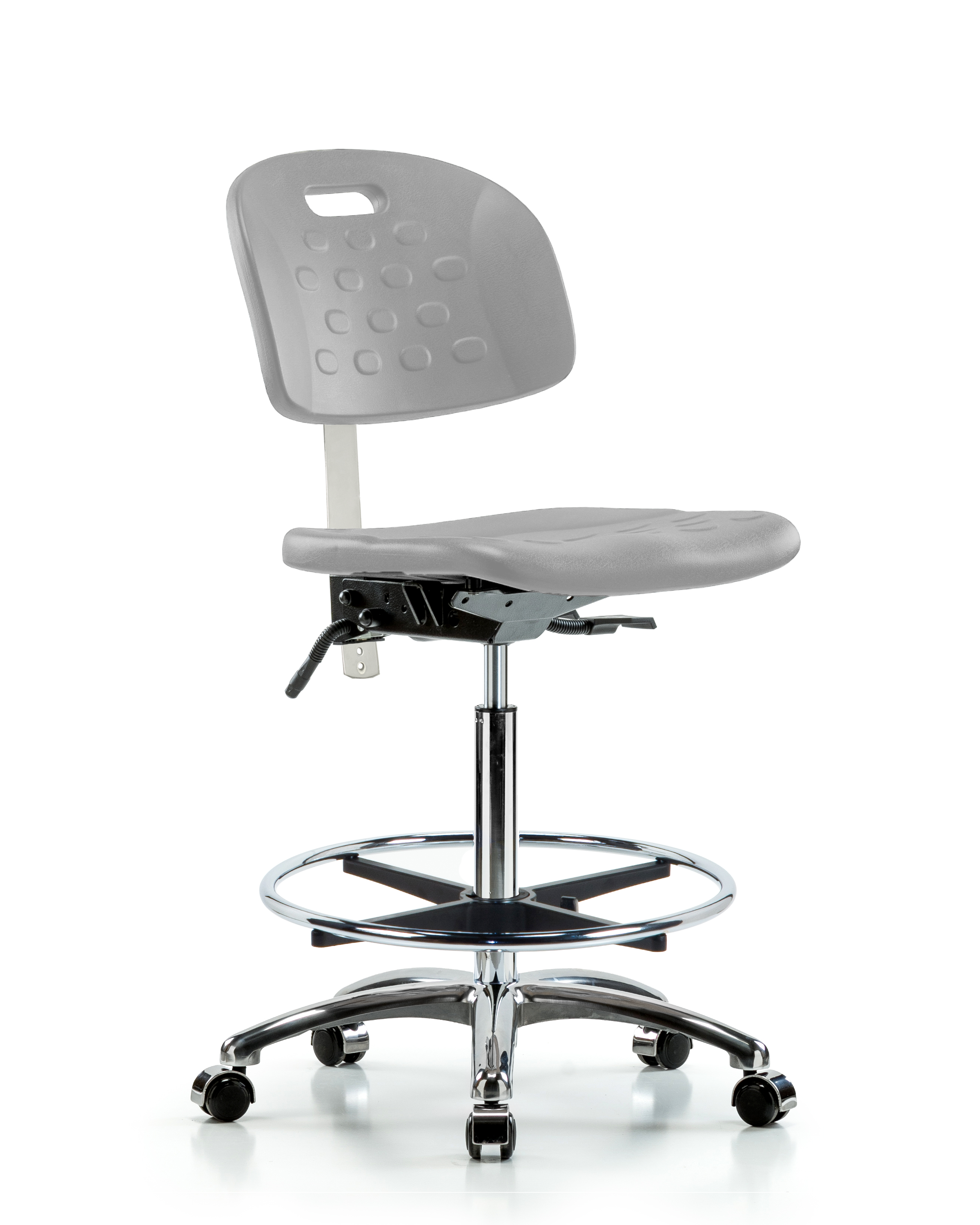 Class 100 Newport Industrial Polyurethane Clean Room Chair - High Bench Height with Seat Tilt, Chrome Foot Ring, & Casters in Gray Polyurethane