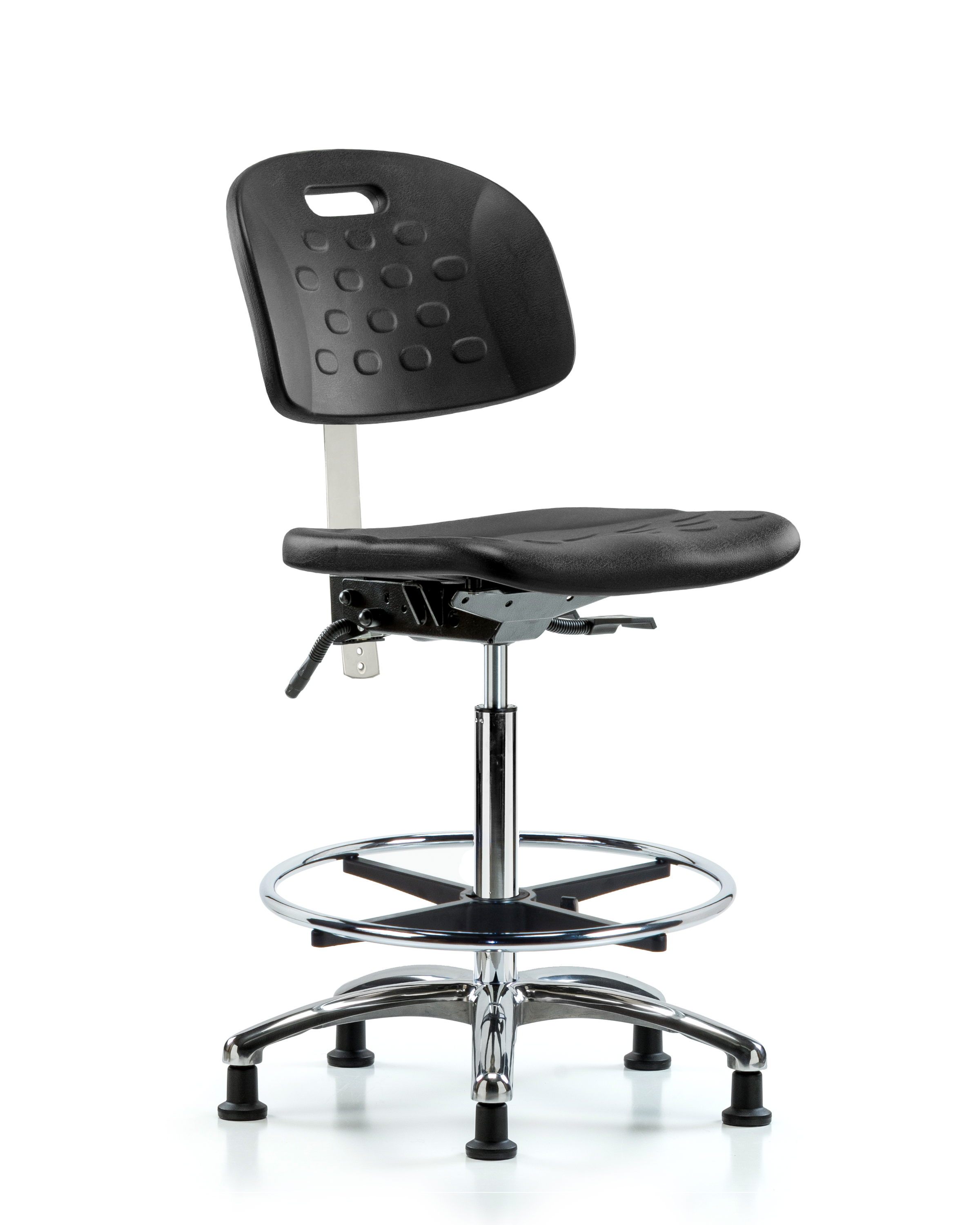 Class 100 Newport Industrial Polyurethane Clean Room Chair - High Bench Height with Seat Tilt, Chrome Foot Ring, & Stationary Glides in Black Polyurethane