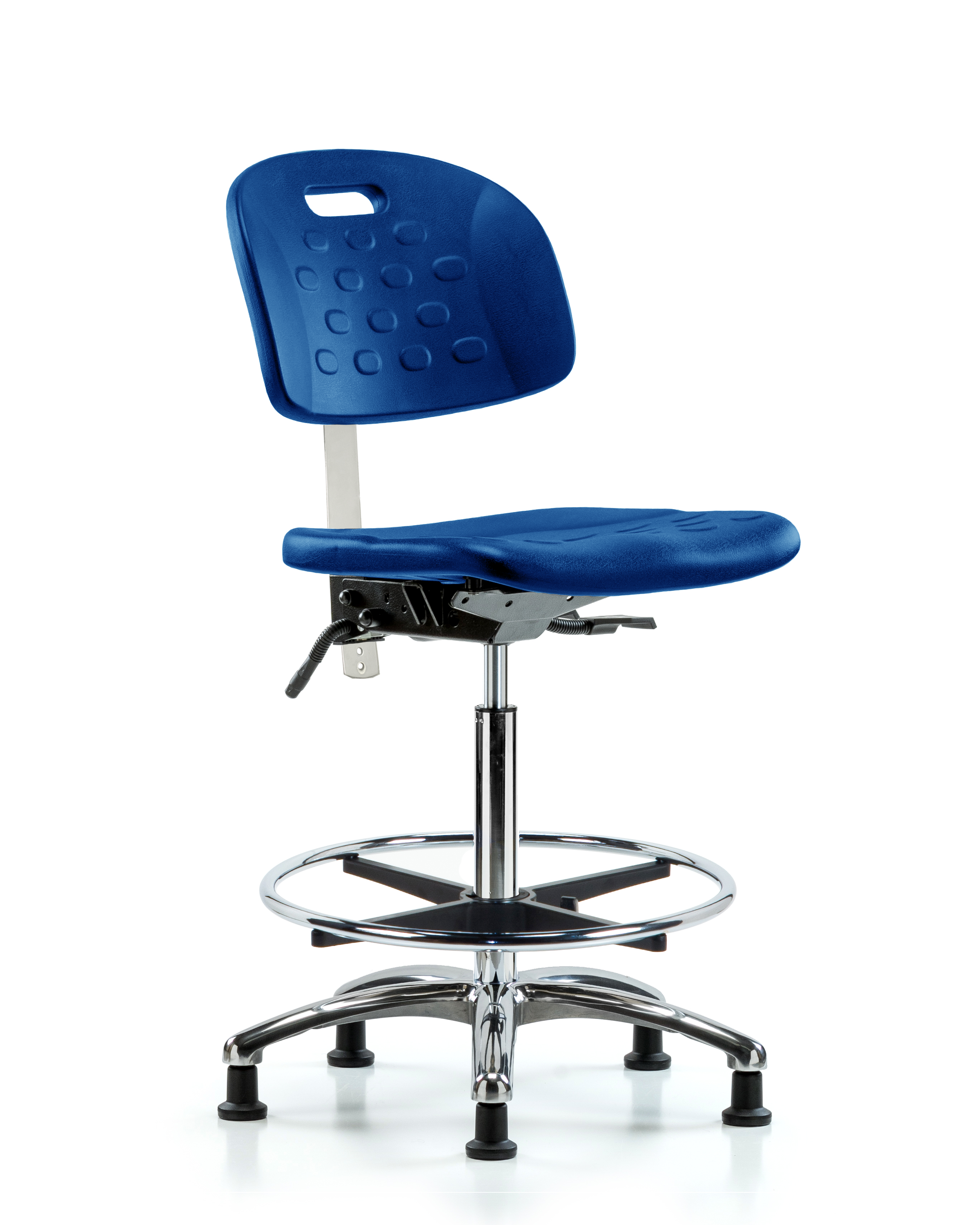 Class 100 Newport Industrial Polyurethane Clean Room Chair - High Bench Height with Seat Tilt, Chrome Foot Ring, & Stationary Glides in Blue Polyurethane