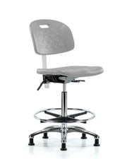Class 100 Newport Industrial Polyurethane Clean Room Chair - High Bench Height with Seat Tilt, Chrome Foot Ring, & Stationary Glides in Gray Polyurethane