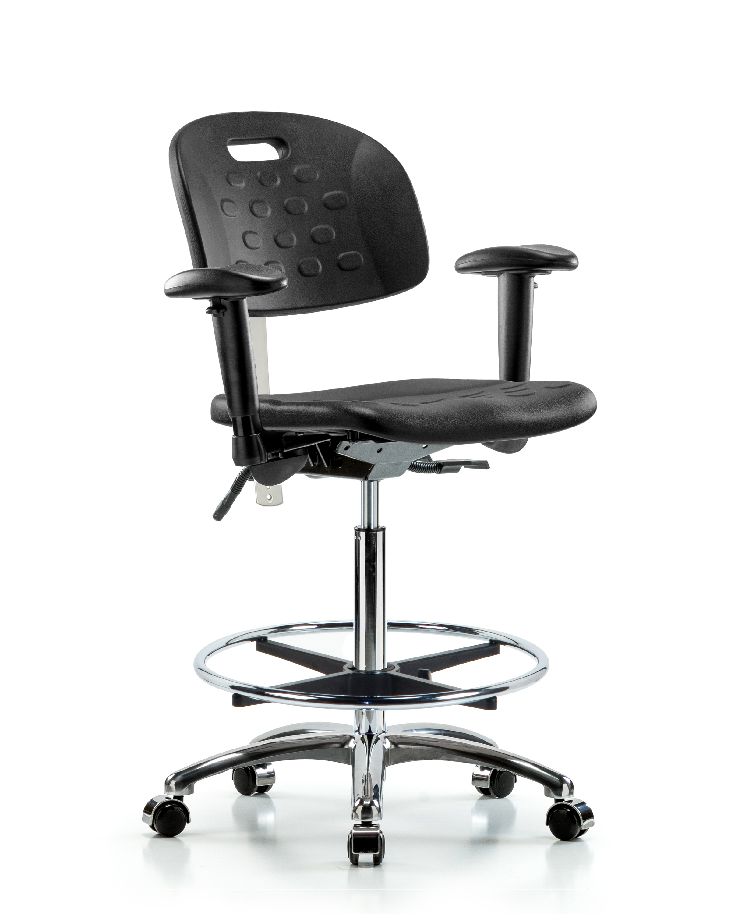 Class 100 Newport Ind Polyurethane Clean Room Chair - High Bench Height with Seat Tilt, Adjustable Arms, Chrome Foot Ring, & Casters in Black Polyurethane