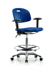 Class 100 Newport Industrial Polyurethane Clean Room Chair - High Bench Height with Seat Tilt, Adjustable Arms, Chrome Foot Ring, & Casters in Blue Polyurethane