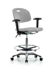 Class 100 Newport Industrial Polyurethane Clean Room Chair - High Bench Height with Seat Tilt, Adjustable Arms, Chrome Foot Ring, & Casters in Gray Polyurethane