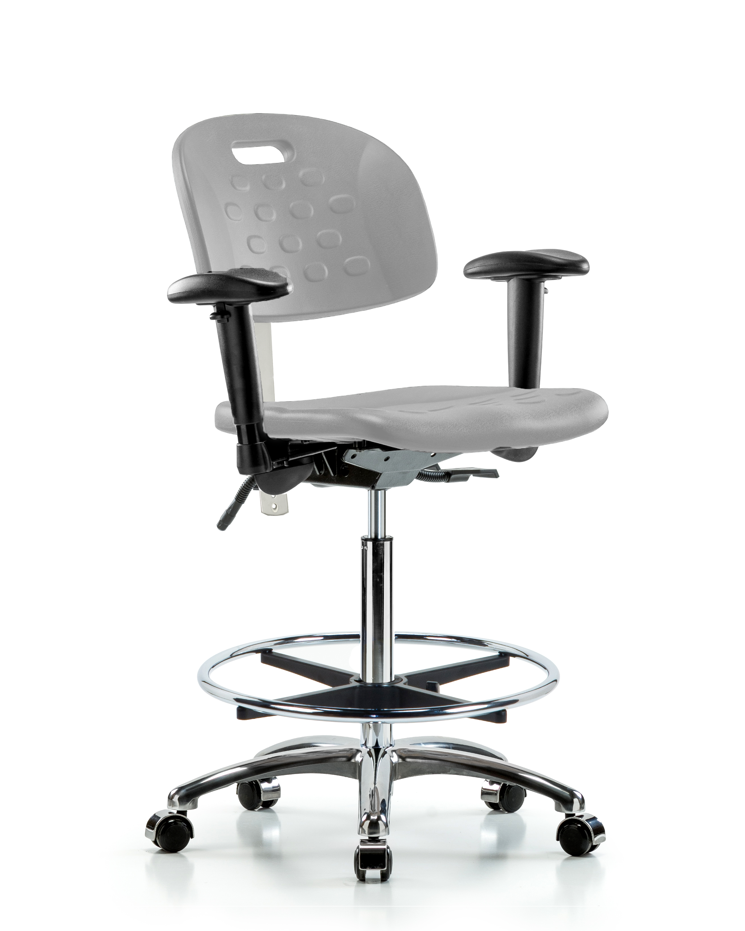 Class 100 Newport Industrial Polyurethane Clean Room Chair - High Bench Height with Seat Tilt, Adjustable Arms, Chrome Foot Ring, & Casters in Gray Polyurethane