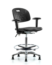 CL100 Newport Ind Polyurethane Clean Room Chair - High Bench Height with Seat Tilt, Adjustable Arms, Chrome Foot Ring, & Stationary Glides in Black Polyurethane