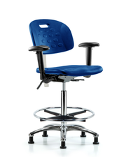 CL100 Newport Ind Polyurethane Clean Room Chair - High Bench Height with Seat Tilt, Adjustable Arms, Chrome Foot Ring, & Stationary Glides in Blue Polyurethane