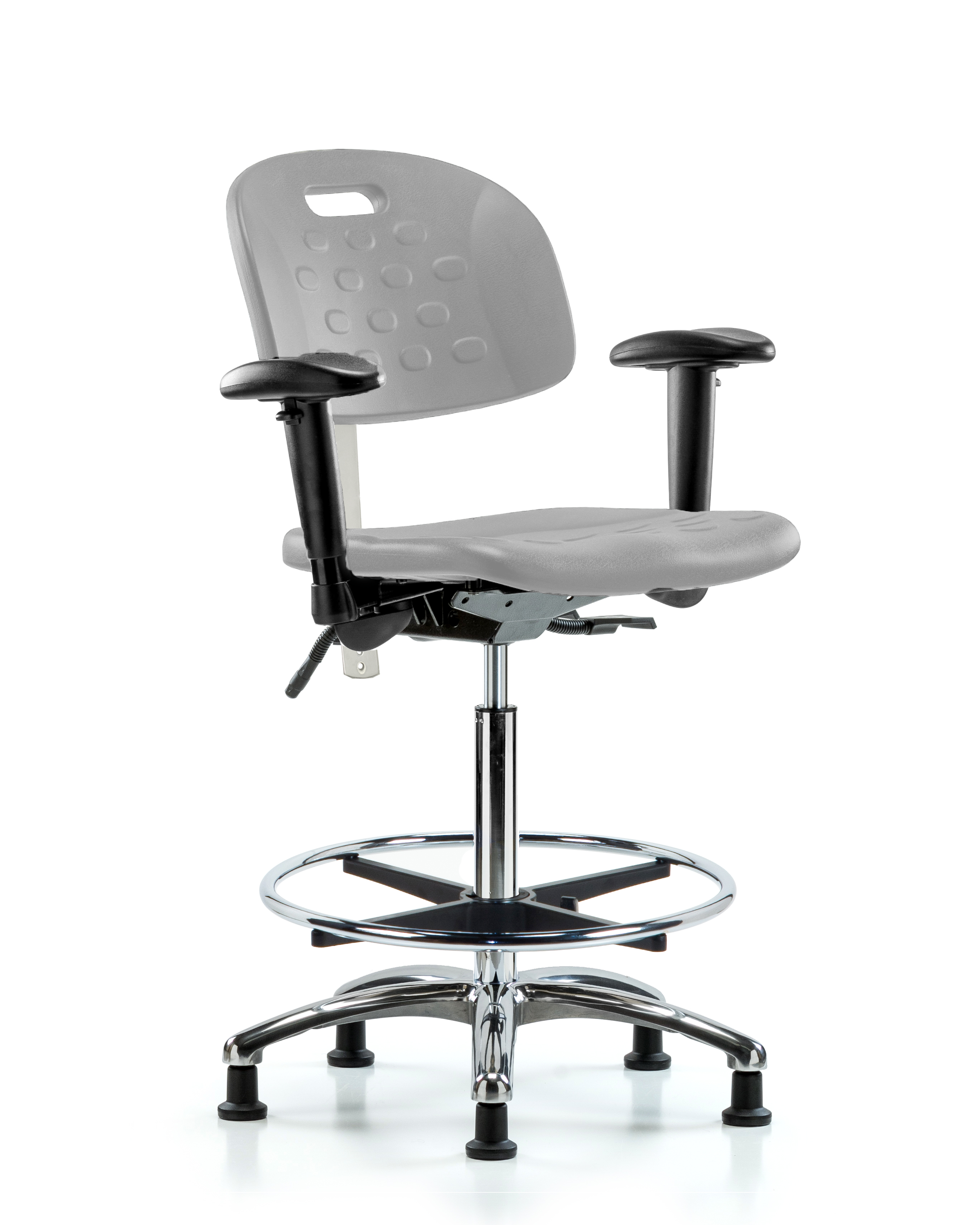 CL100 Newport Ind Polyurethane Clean Room Chair - High Bench Height with Seat Tilt, Adjustable Arms, Chrome Foot Ring, & Stationary Glides in Gray Polyurethane