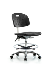 Class 10 Newport Industrial Polyurethane Clean Room Chair - Medium Bench Height with Chrome Foot Ring & Casters in Black Polyurethane