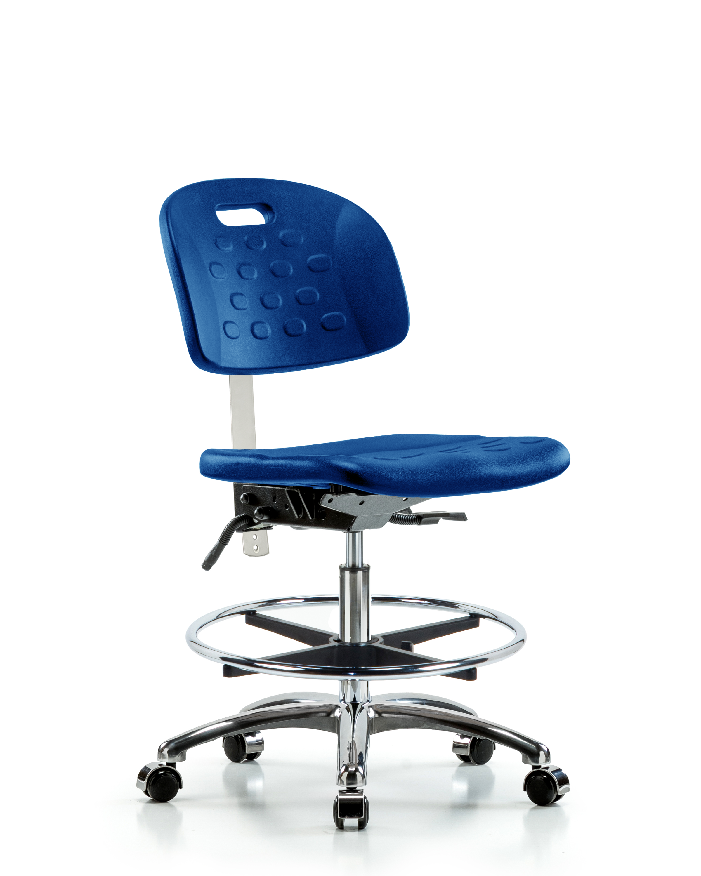 Class 10 Newport Industrial Polyurethane Clean Room Chair - Medium Bench Height with Chrome Foot Ring & Casters in Blue Polyurethane