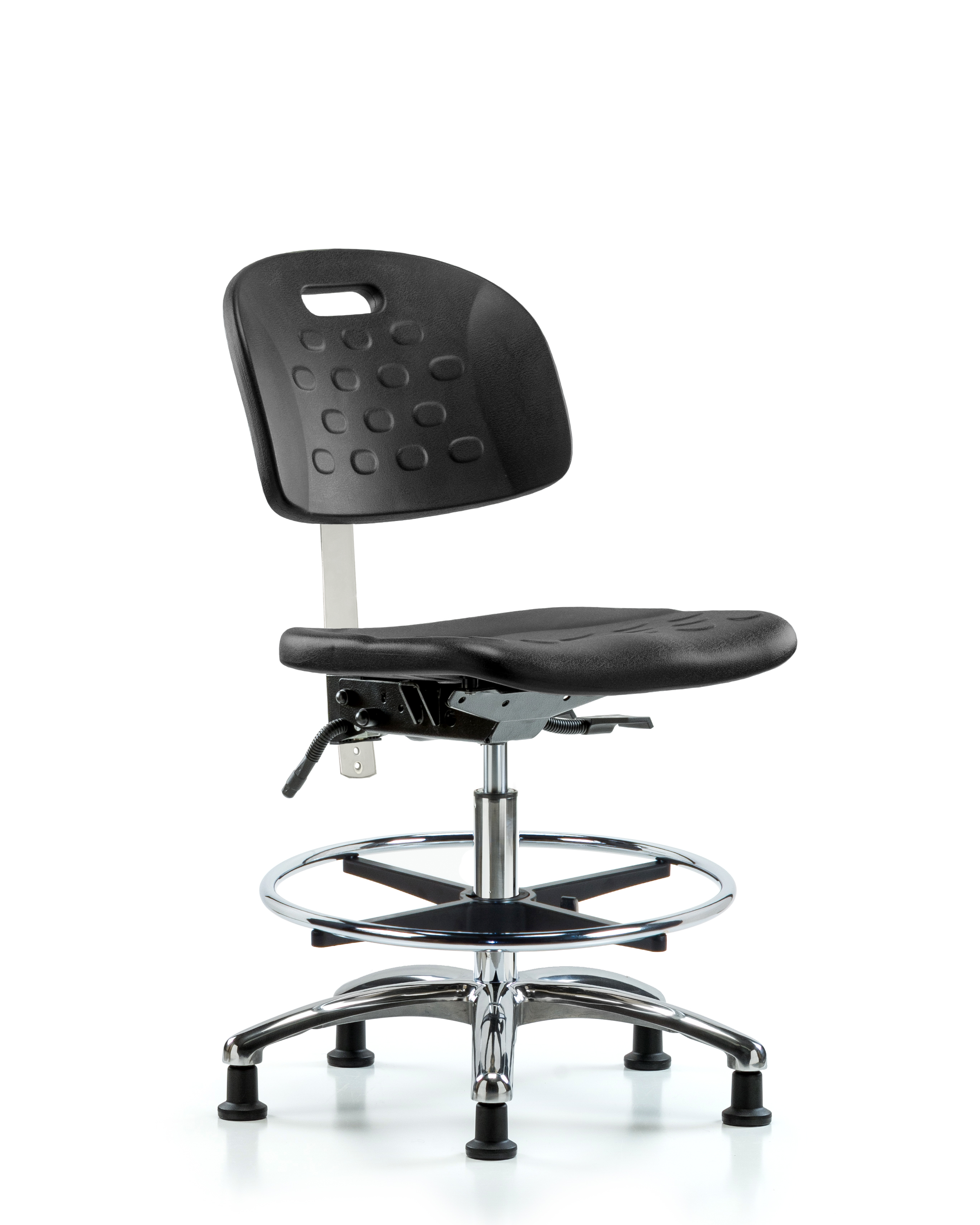 Class 10 Newport Industrial Polyurethane Clean Room Chair - Medium Bench Height with Chrome Foot Ring & Stationary Glides in Black Polyurethane
