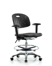 Class 100 Newport Industrial Polyurethane Clean Room Chair - Medium Bench Height with Adjustable Arms, Chrome Foot Ring, & Casters in Black Polyurethane