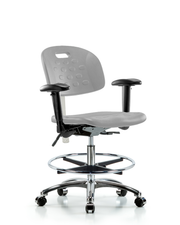 Class 100 Newport Industrial Polyurethane Clean Room Chair - Medium Bench Height with Adjustable Arms, Chrome Foot Ring, & Casters in Gray Polyurethane