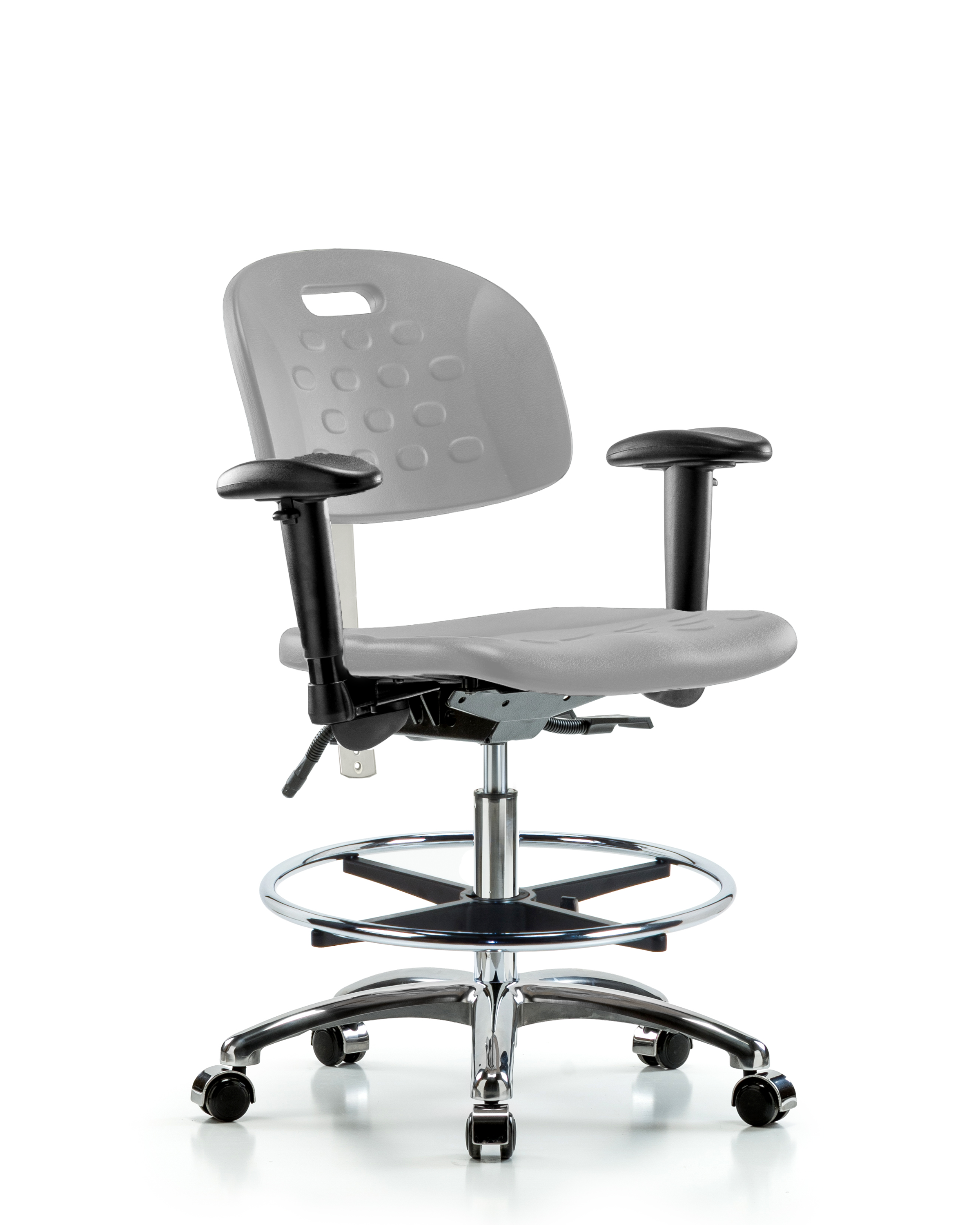 Class 100 Newport Industrial Polyurethane Clean Room Chair - Medium Bench Height with Adjustable Arms, Chrome Foot Ring, & Casters in Gray Polyurethane