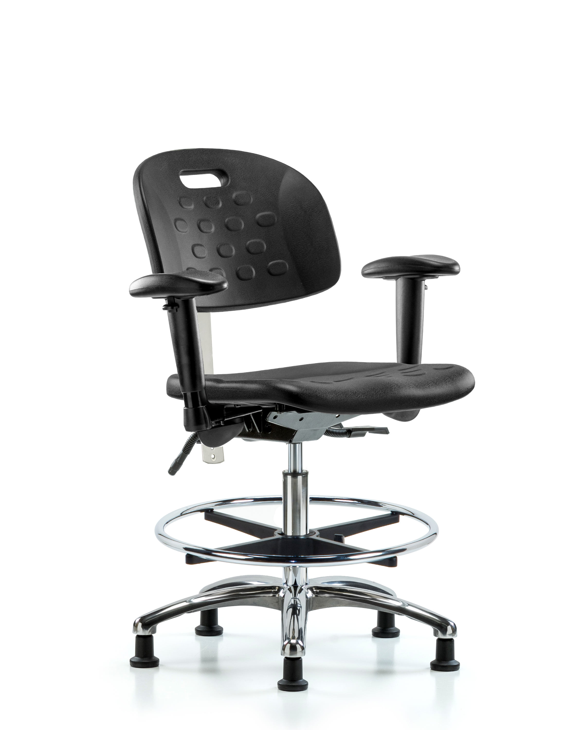 Class 100 Newport Ind Polyurethane Clean Room Chair - Medium Bench Height with Adjustable Arms, Chrome Foot Ring, & Stationary Glides in Black Polyurethane