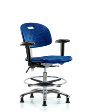 Class 100 Newport Ind Polyurethane Clean Room Chair - Medium Bench Height with Adjustable Arms, Chrome Foot Ring, & Stationary Glides in Blue Polyurethane