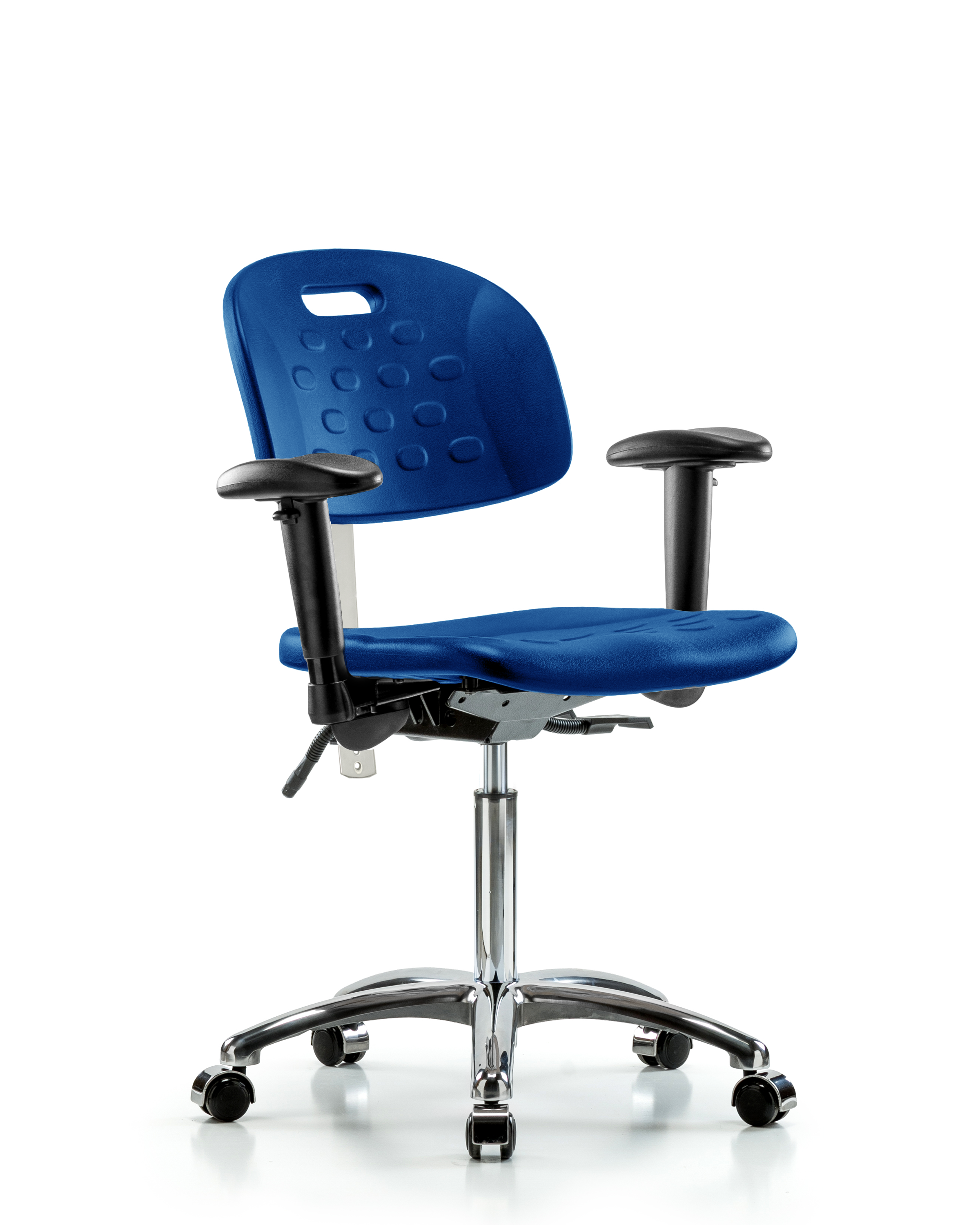 Class 100 Newport Industrial Polyurethane Clean Room Chair - Medium Bench Height with Adjustable Arms & Casters in Blue Polyurethane