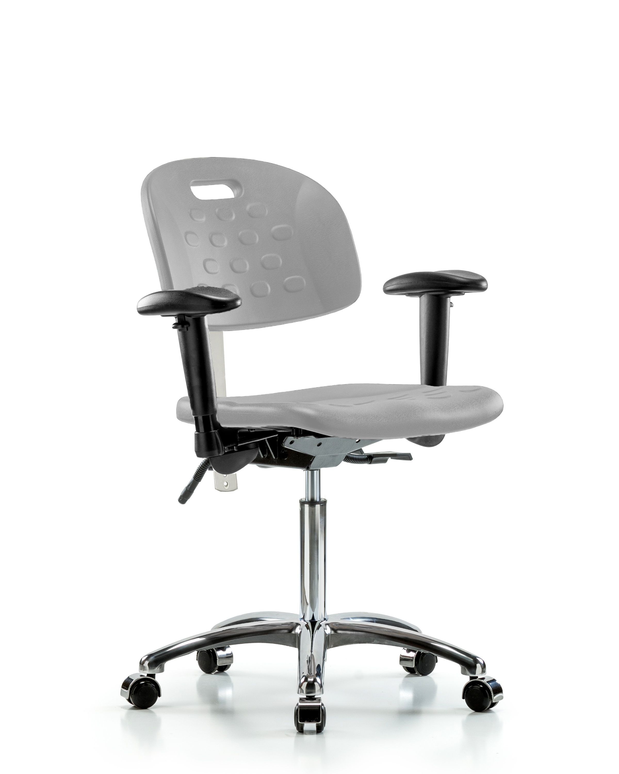 Class 100 Newport Industrial Polyurethane Clean Room Chair - Medium Bench Height with Adjustable Arms & Casters in Gray Polyurethane