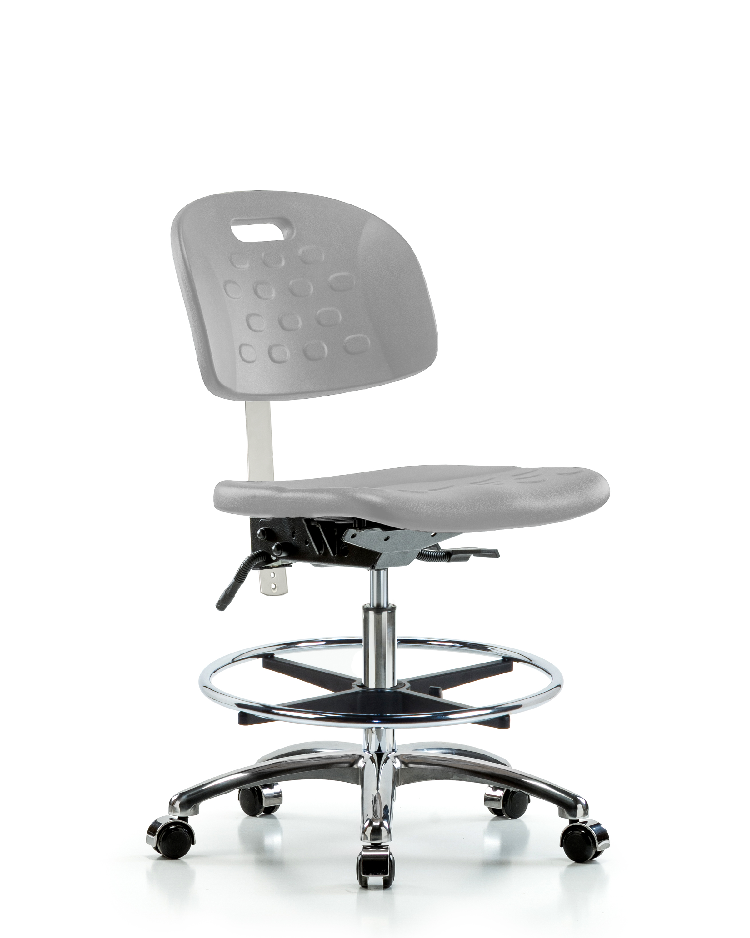 Class 100 Newport Industrial Polyurethane Clean Room Chair - Medium Bench Height with Seat Tilt, Chrome Foot Ring, & Casters in Gray Polyurethane