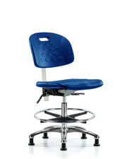 Class 100 Newport Industrial Polyurethane Clean Room Chair - Medium Bench Height with Seat Tilt, Chrome Foot Ring, & Stationary Glides in Blue Polyurethane